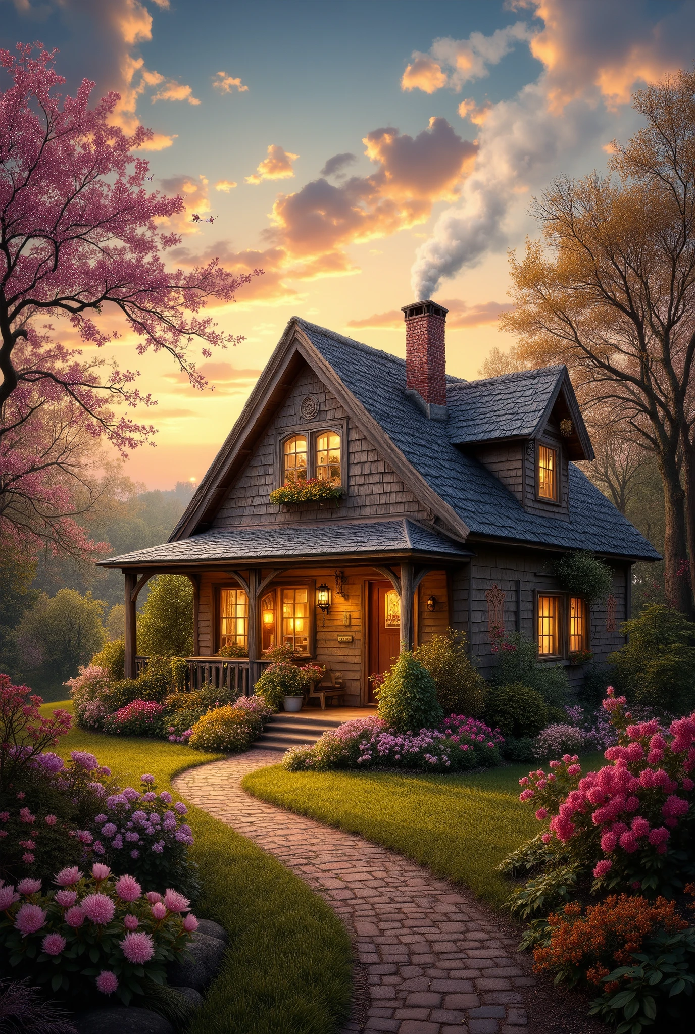Silver plated gold frame painting , image of a house with a beautiful chimney and a little smoke on a spring day, colors with clouds and sunny sunset , painting style, Graphic processing , improved detail , masterpiece, 8 k, Best quality, complicated details, Lots of Details , perfect combination of ,