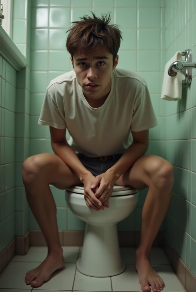  sitting on the toilet pooping in the public bathroom