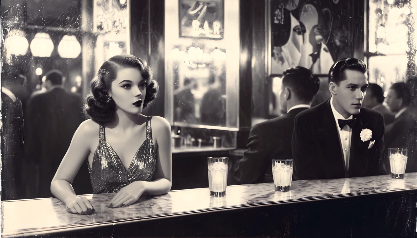 Uma imagem de uma cativante estrela do filme ????, envolta em um vestido elegante, sitting in a dimly lit bar reminiscent of classic Hollywood movies. The black-and-white image exudes the timeless allure of 1940s cinema, with its dramatic lighting and aura of vintage glamour.