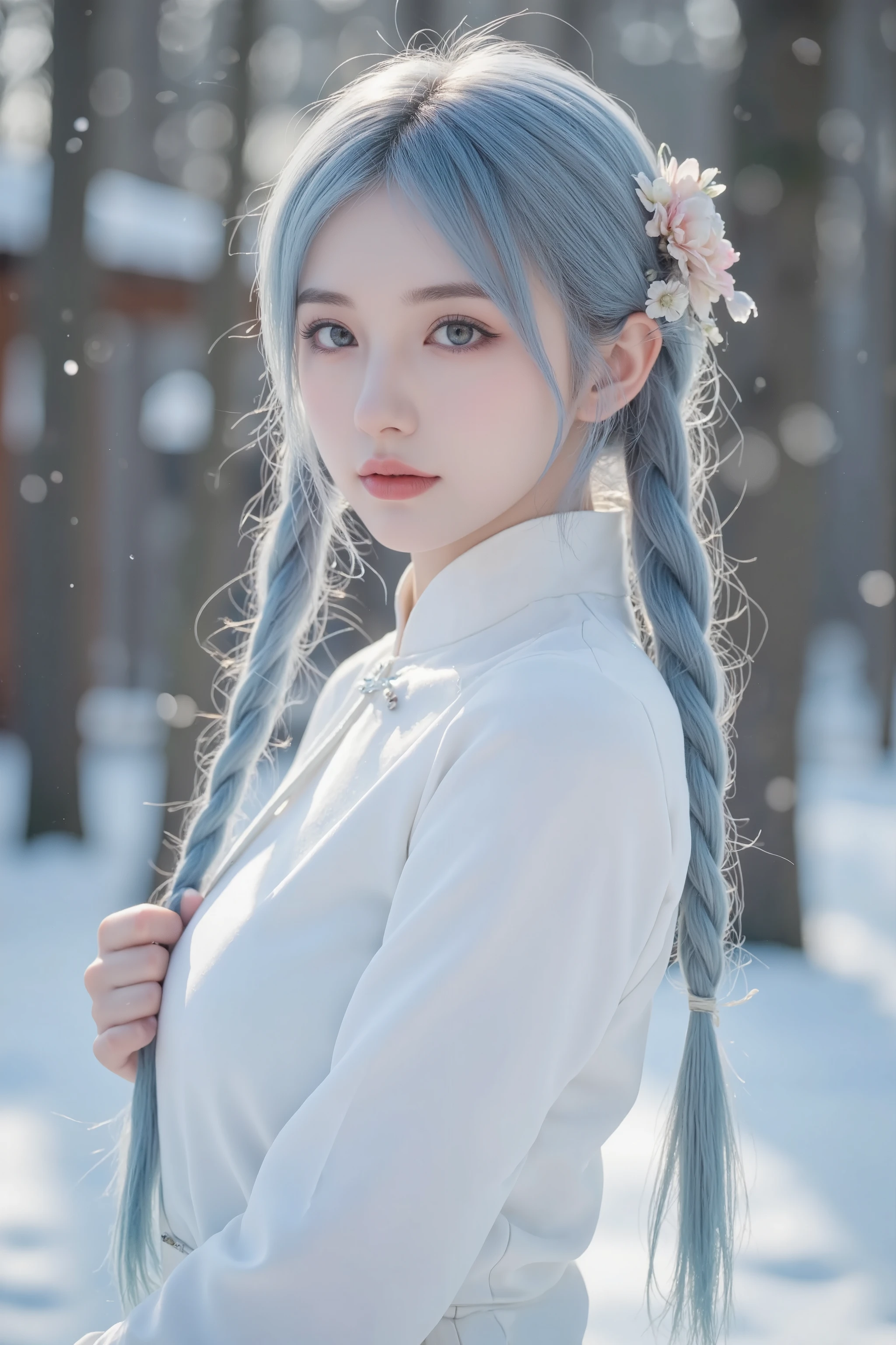 fantasy portrait photo of a young woman with beautiful make up, she has blue eyes and long light blue hair, she wearing a Chinese white qipao, she has long braid hair style decor with flower hairpin, standing in a winter forest, snow fall in background, soft focus, sunlight outline her body, bokeh