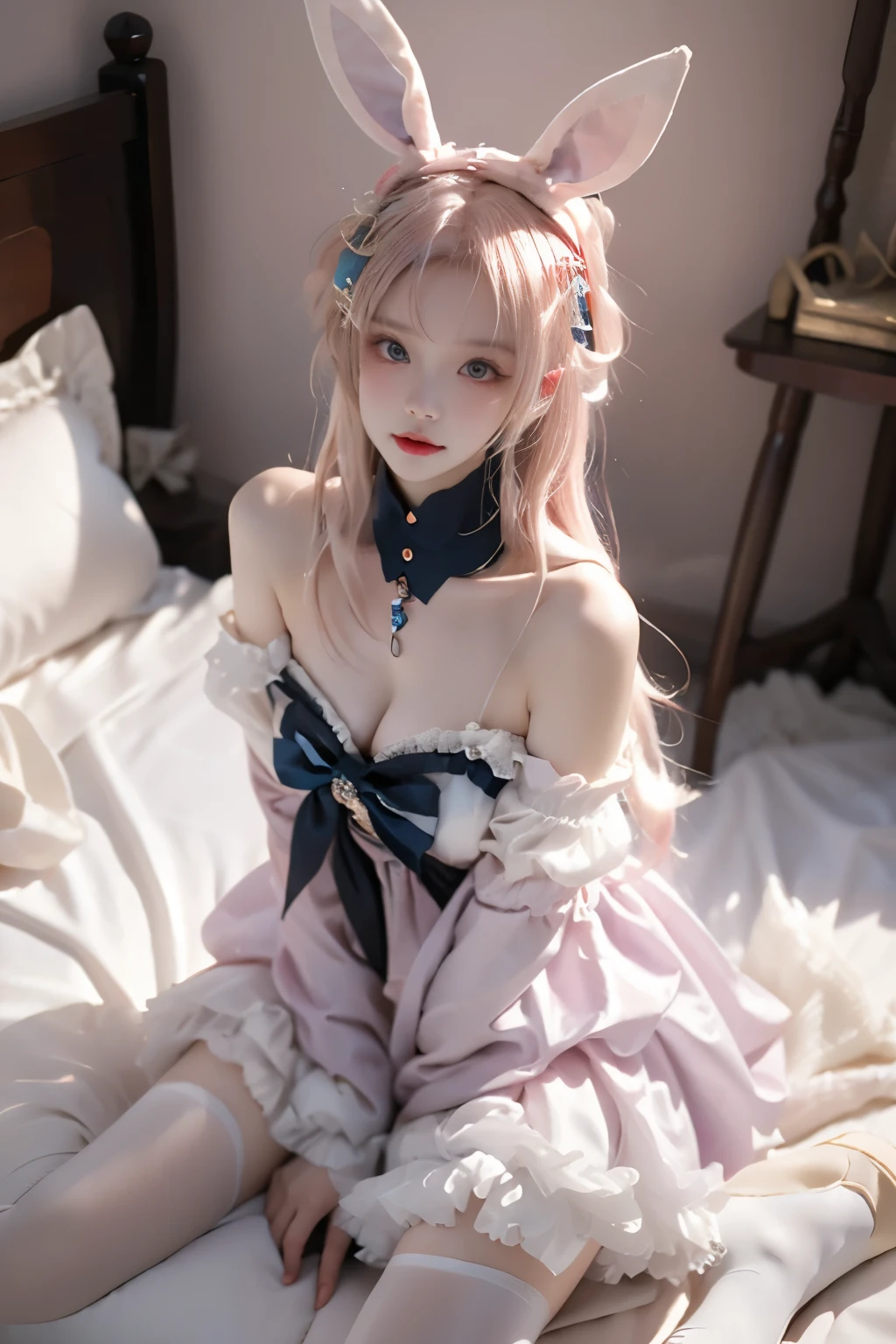 sangonomiya kokomi cosplay costume, sangonomiya kokomi, genshin impact, cosplay, alternate costume, pink hair, gradient hair, multicolored hair, long hair, dress, off-shoulder dress, frilled dress, frills, bow, detached collar, detached sleeves, dress bow, bare shoulders, fake animal ears, animal ears, rabbit ears, hair ornament, gloves, white gloves, thighhighs, white high heels
 ,,(photorealistic:1.2), (from above:1.3), beautiful woman, (Full bust, visible cleavage, very short hemline), (A lot of scattered rose petals, flying petals), fashion model, long legs, laying on luxury bed in classical romantic bedroom, knee bent upward, delicate fingers lifting skirt hem to thigh, (perfect body proportions:1.3), anatomically correct legs, elegant pose, soft ambient lighting, shallow depth of field, 85mm lens, high-end fashion photography, detailed skin texture, fine fabric details, (high quality:1.4), masterpiece, 8k uhd