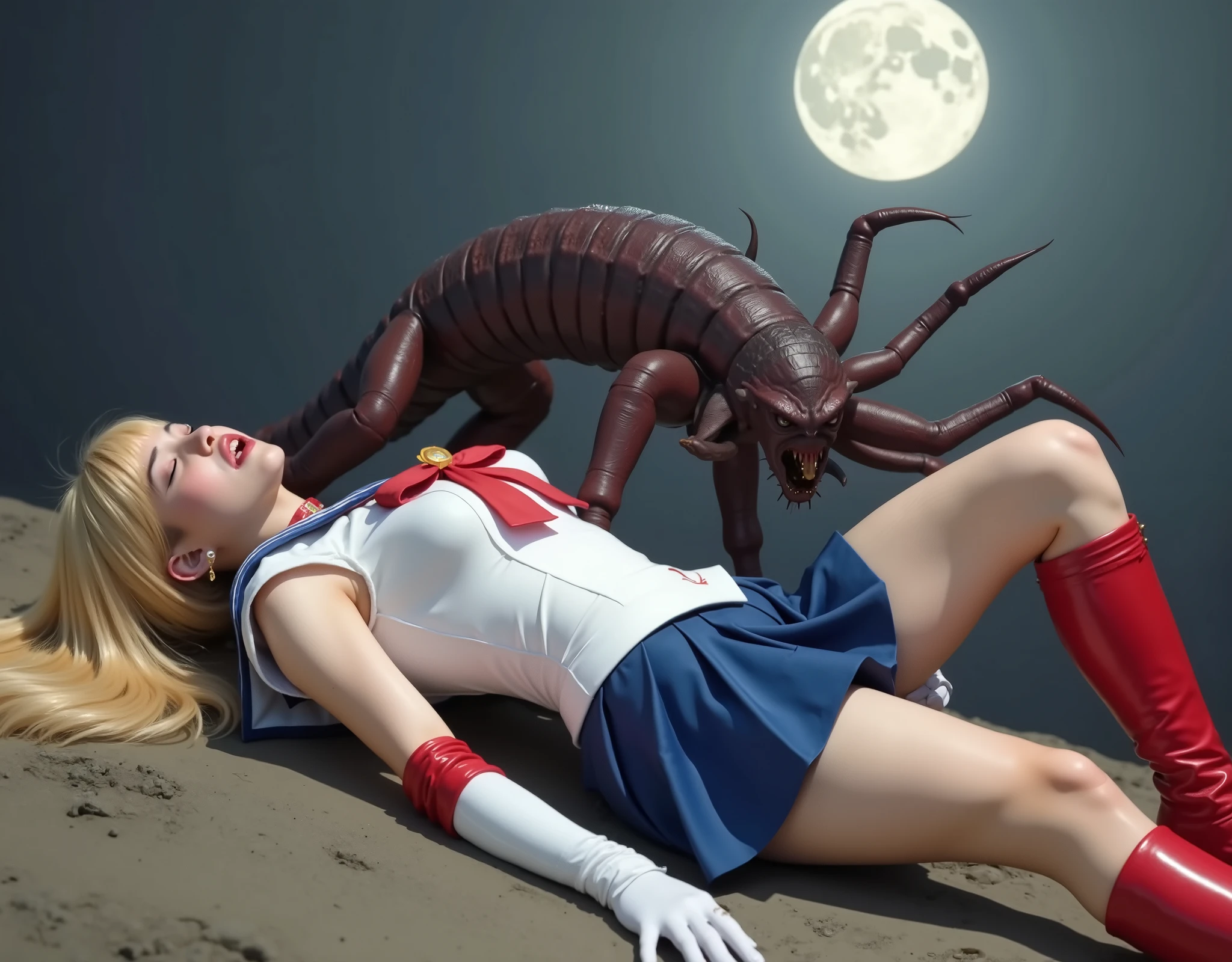 Hyperrealism, masterpiece, highest quality, A young beautiful Japanese woman is laying down flat on the dirt, bright white skin, wound, injury, crying in severe pain, painful face, Wearing a Sailor Moon costume, Blue sailor collar, Blue mini pleated skirt, Long white gloves, shiny beige color pantyhose, red high boots, Exposed thighs, Red long boots, choker, Blonde Hair, Very long blonde hair, (fearful face), close eyes, Bright full moon, a big fierce devil is crawling on her body, crawling attach to her body, holding her body down, devil's hand on her legs, volcano background,
