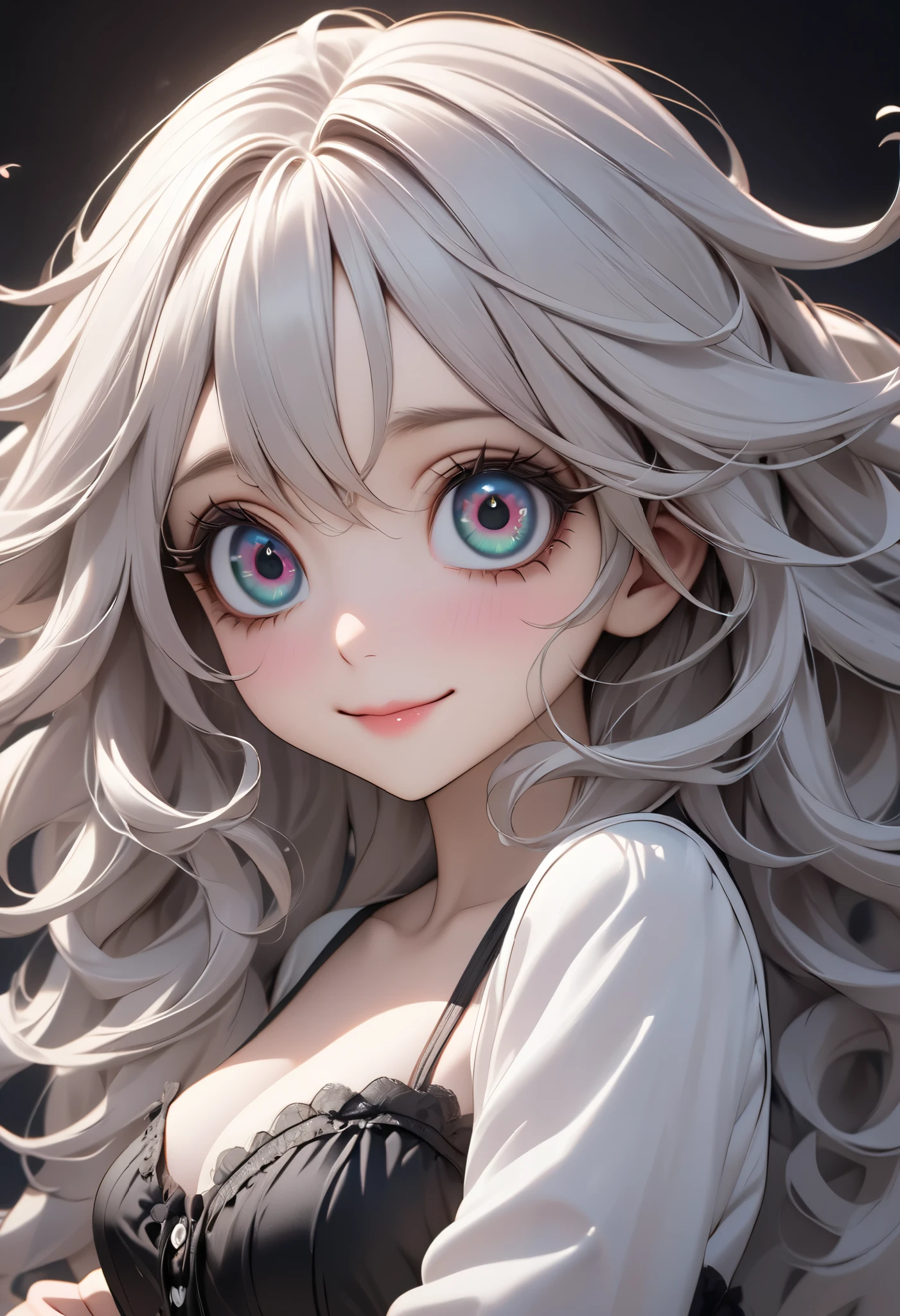 highest quality, expensiveest quality, Super detailed, expensive definition, expensive resolution, HDR, 4k, 8K, unity 8K wallpaper, expensively detailed CG, masterpiece, realistic, photorealistic, 2D, 3D, beautiful details, depth, fine texture , super fine: 1.3, Fully focused, crispy skin, .he, very cute anime girl with long silver hair in expensive , smile, one girl, alone, long silver hair, expensive , looking at the viewer, blush, parted lips, Heart, pink eyes