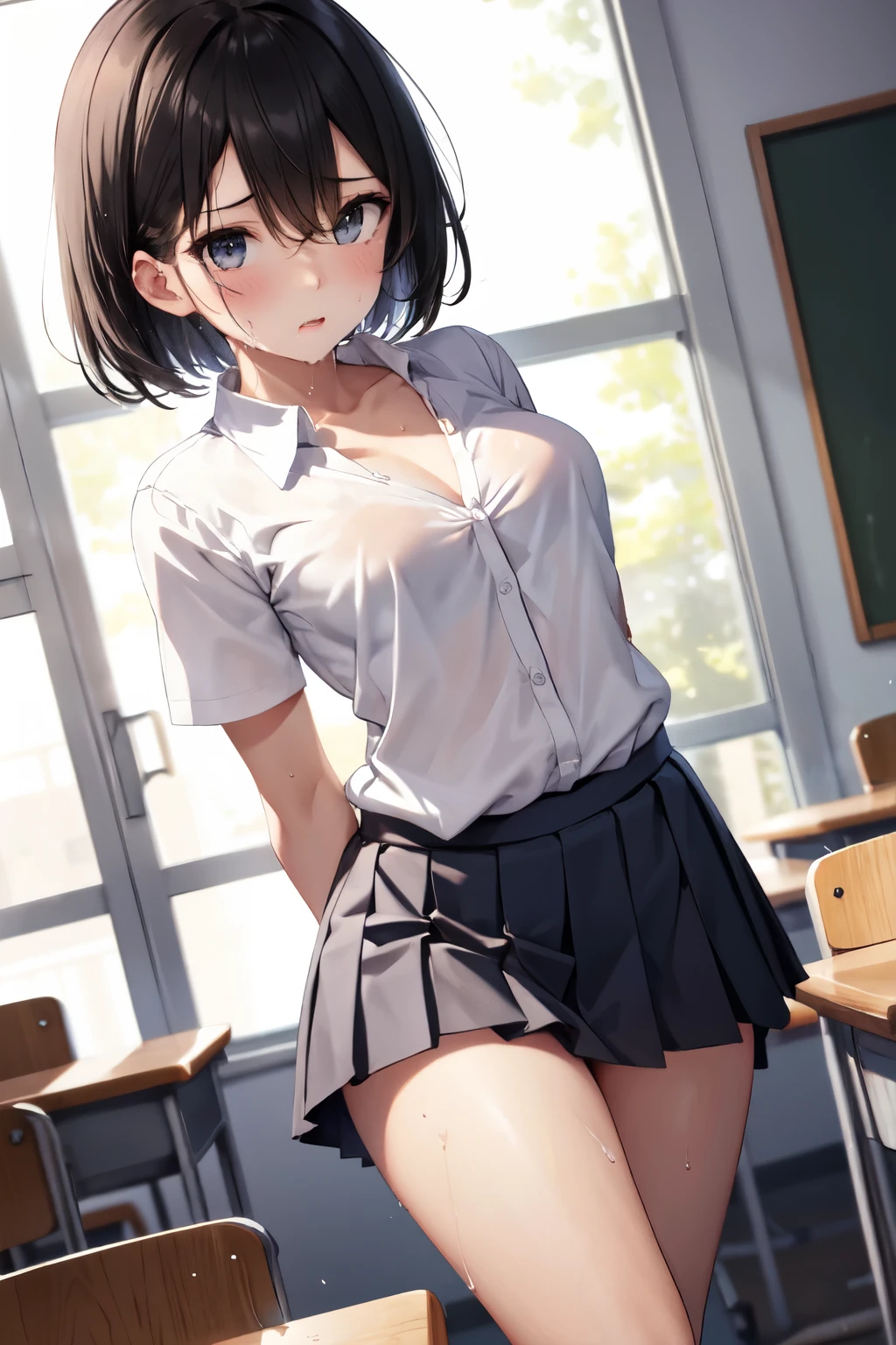((masterpiece,best quality)), highres, extremely detailed 8K wallpaper, depth_of_field, best shadow, (Colorful),(Delicate eyes and face), Perfect hands, (no lighting), Ray tracing, BREAK
(1girl), mogami \(kancolle\), black hair, short hair, black eyes / green eyes, swept bangs, (full-face blush), slender, skinny, best smile, parted lips, BREAK,
standing, perfect hands, BPD,((black pinafore dress)),long skirt,red bowtie,belt, school bag, BREAK, (clothes lift :1.4), (lifted by self:1.4), (panty aside:1.6), crotch focus,
Cowboy Shots and knee, school, classroom, (((night time))), ((dark backgrounds:1.2)),