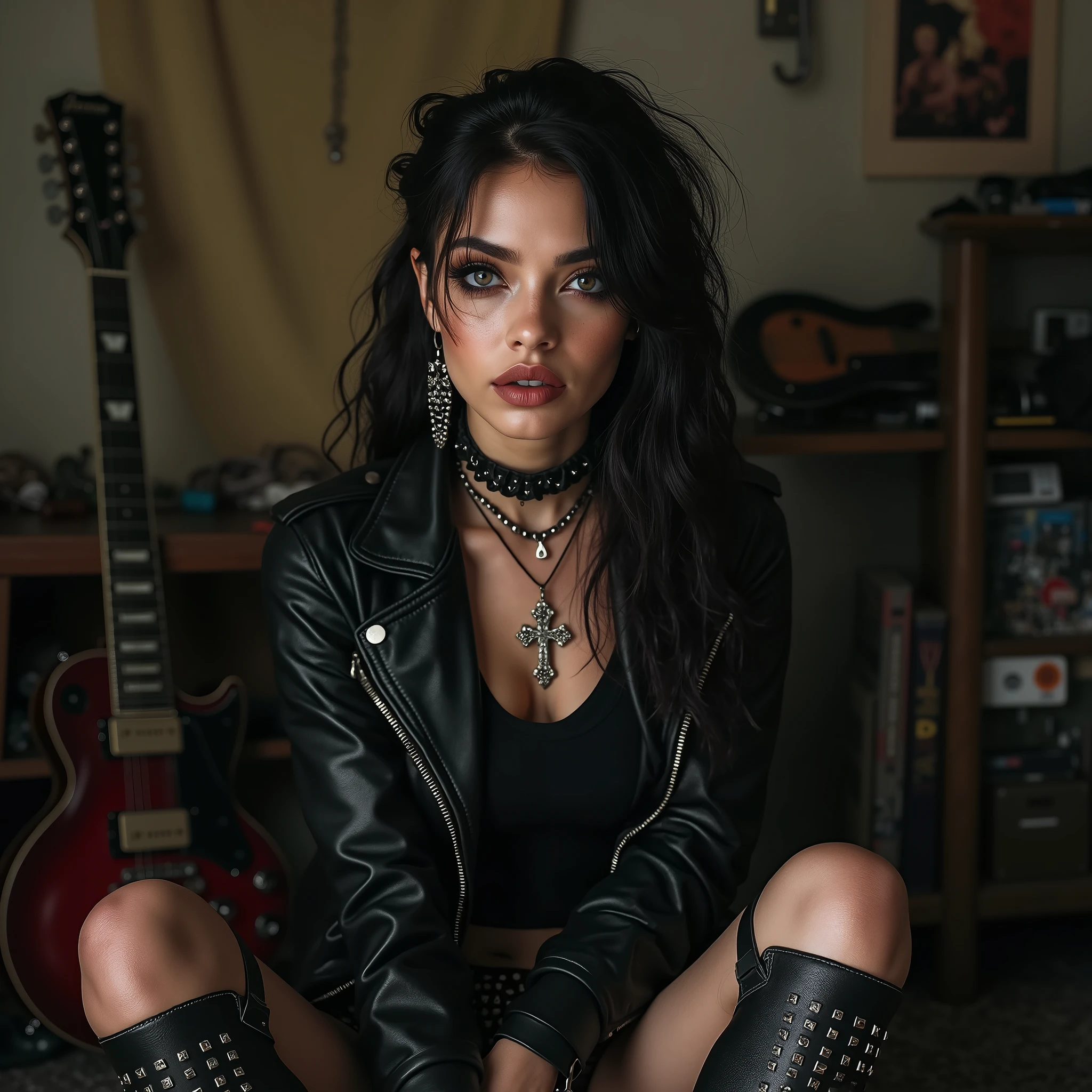 Mouth, A girl, Solitary, In a messy room, Guitar, 、Spiked collar、24 years old white female、Sexy proportions、Punk rock fashion、Black shirt、leather jacket、Leather shin guards、Gorgeous makeup、Long hair、Rosary Necklace、Rosary Earrings、Wear the spiked bracelet on your wrist