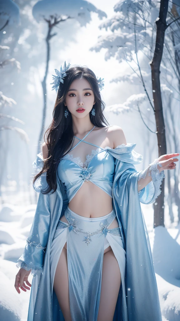 (logo, masterpiece, 8K, on the table, original photo, wonderful, 最high quality, Photorealistic and hVery detailed CG integrated 8K wallpaper, high quality, Very detailed, narrative poem, particle effect, dynamic effect, written border depth, film light, lens flare, Ray tracing)), fantasy, ((1 beautiful woman, clear blue eyes, 赤いlong hair, pretty face, serious, Beautiful and delicate eyes, beautiful skin, elegant dancing woman:1.7, elegant dancing woman:1.7)), 長い赤い髪がWindでなびく, 红色long hair弹跳, 長い赤い髪がWindで踊る, hair jump, jewelry, tattoo, hanfu, Chinese fairy,)Wearing a thin white lace bikini,sexy pose,(huge breasts: 1.2),(((Breast close-up)), (((spread legs))),((((fullbody)))),split、seductive cleavage, ((night, Wind, dark, full moon, night空, 雪とFrost, very cold winter day, snow mountainや森, Frost, snow mountain々, Frost冻树木的美丽和光彩, The tranquility and beauty of the ice and snow world)), Buttocks up, beautiful eyes, long hair, ring eyes