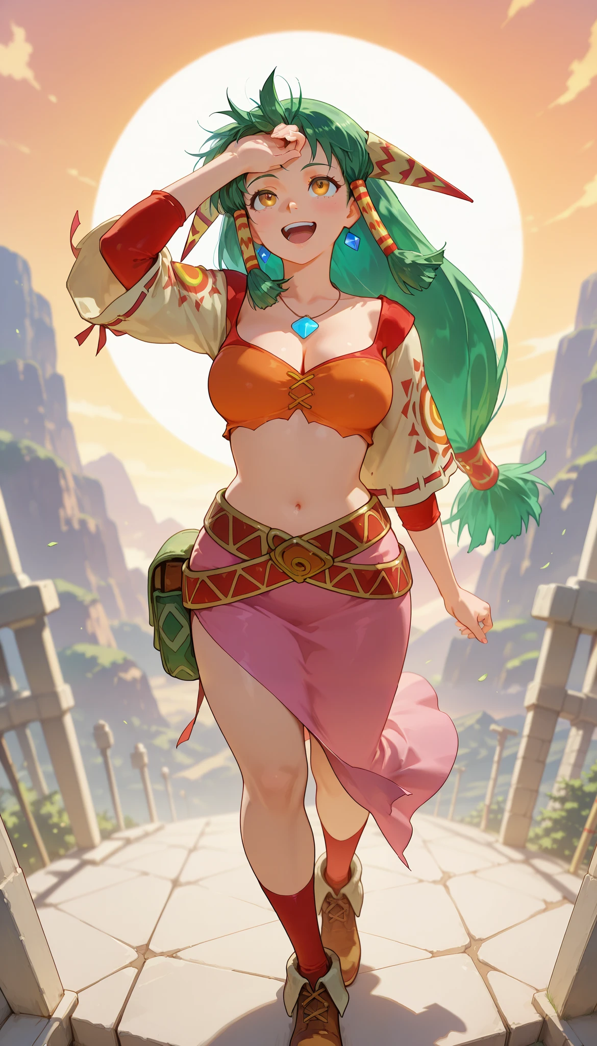 26 yo, face look alike to feena from \(Grandia\), eyesHD, high gradient eyes, detailed eyes, high definition eyes, Beautiful Mature young milf, (mature woman with lean perfection abdomen), breathless - amazed expression, large natural breasts, Curvy body, (1hand on forehead seeing far ahead beyond the horizon eagerly and high-spiritedly - standing on top End of The World in fantasy classic Grandia settings), bronze brown colred decorated ground, (ps: End of the World is term in Grandia world for a bronze colored blocks after blocks that is build as far as the sky can touch, on each sides lays different world down there with different forest and ancient forest, standing eagerly, eyes open watching downcast excitingly, laughing in amazement eyes watching downcast, exploration scene, solo, 1girl, BREAK, She wears an orange bra top that leaves her abdomen exposed, paired with a short pink skirt held up by a thin red belt. Covering her arms is a tan-colored shawl adorned with red patterns on both sleeves. Her long green hair flows down her back, with some sections tied through two patterned hair accessories. She completes her ensemble with ripped red socks that extend past her knees and brown shoes featuring tribal patterns similar to those on her belt and shawl, official arts, (dynamic jrpg top birds-eye view), fantastic fantasy vibrant background, standing on top the tallest brown colored ancient bronze-like mountain-like blocks cubes bronze brown colored - very very high in the sky, brown colored tile under her feet, jrpg fantasy sceneries, wide horizon shot, (dynamic fullbody top view), asymetric breathtaking sceneries view, birds eye view, cinematic dynamic angles, fisheye lens,
