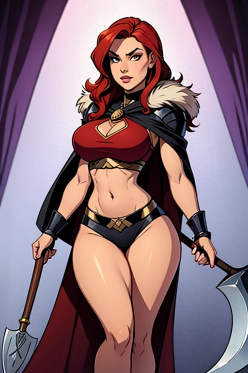 cowboy shot, solo, iskandar {female version, corpo voluptuoso}, grin, looking at viewer, hands on hips, armor, fur-trimmed cape, na sala do trono real ((bimbostyle))