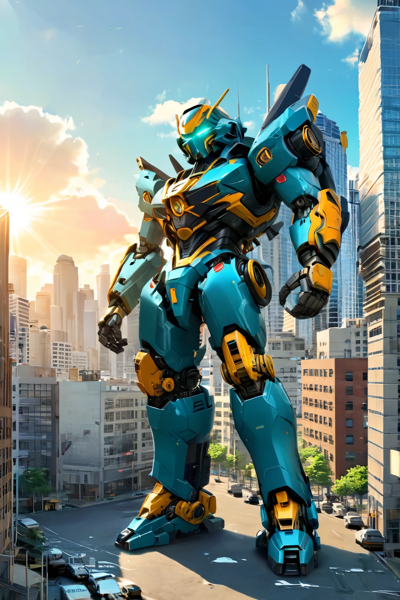 Super Robot War Style, giant robot , a future where humans coexist , Greened cities, sunshine, robots watch over the city, kind expression, serene landscape, A bright sense of the future , Overlook the street