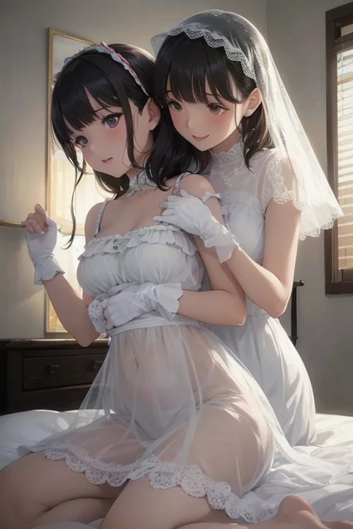 highly detailed skin, highly detailed face, (beautiful detailed eyes, red cheeks, smile), ((two girls hug each other and kiss)), The girls are cute 18 year old brides, ((no panties, Cute, thin pubic hair)), (Not wearing a bra, small breasts, cute nipples), (pure white wedding dress), ((white heel shoes)), white tights, short skirt, Mr.々hair color, Mr.々hairstyle, flower hair ornament, earrings, White lace gloves, The Veil of the Bride, bride tiara, beautiful necklace, church chapel, ((Photographed from the front so that the girls&#39; whole bodies can be seen)),