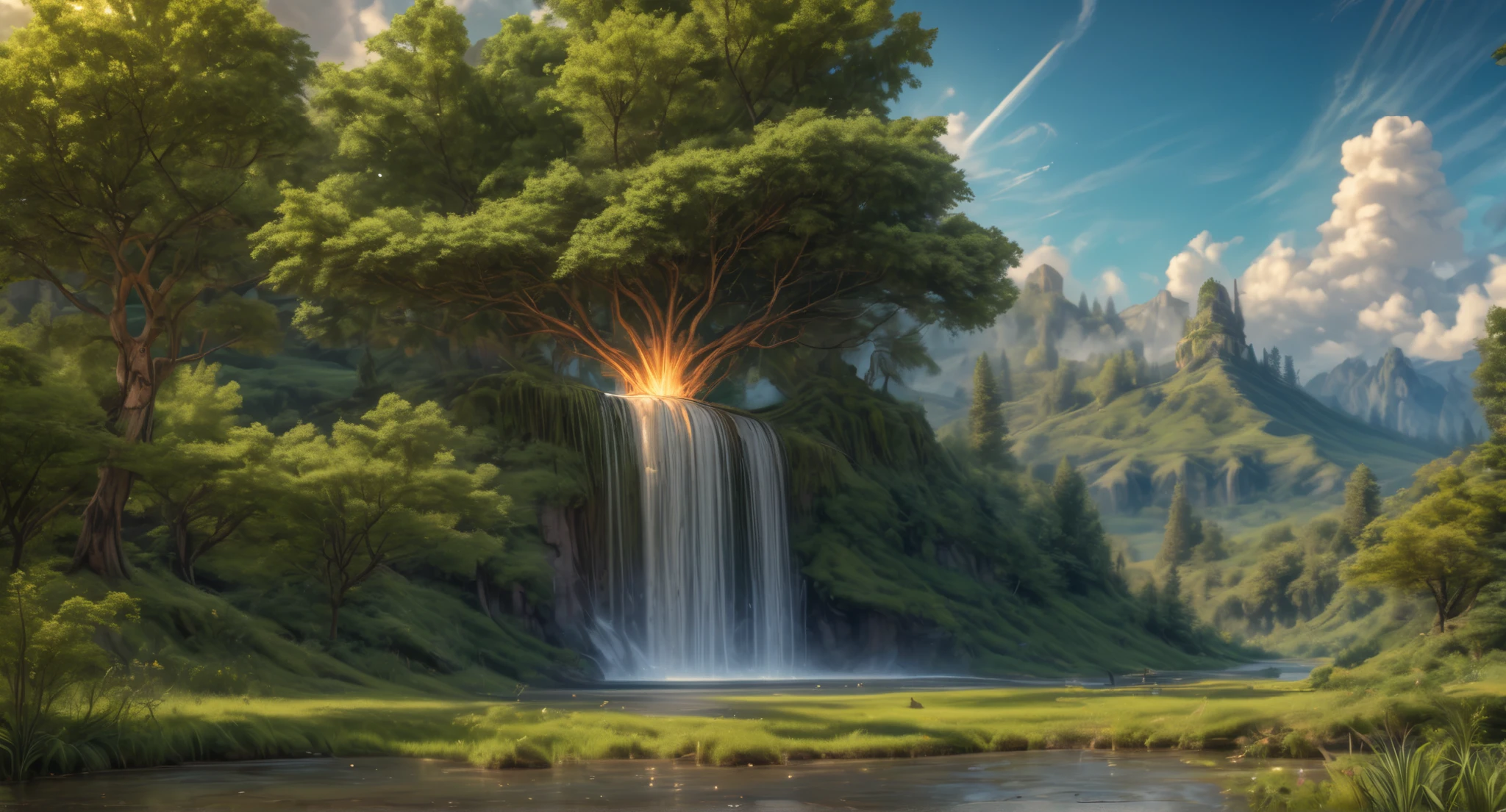 a lush orange grove in a verdant forest, sunlight filtering through the trees, a tranquil lake with a cascading waterfall, vibrant wildflowers blooming all around, (best quality,4k,8k,highres,masterpiece:1.2),ultra-detailed,(realistic,photorealistic,photo-realistic:1.37),stunning landscape,natural beauty,idyllic scene,warm color palette,golden hour lighting,intricate details,serene atmosphere