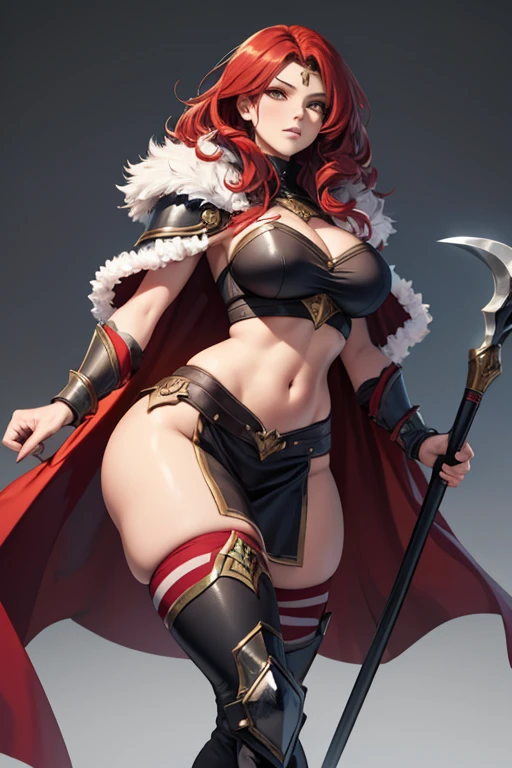 (masterpiece:1.2), (highest quality:1.2), 1gir, solo, breasts, red-hair, blue-eyes, dark-skinned-female, ((dark-skin)), huge-breasts, muscular-femal, smile, ((simple-background)), thighs, very-long-hair, full-body, thick-thighs, looking-at-viewer, fur-trim, high-heels, boots, over-shoulder, standing, belt, weapon-over-shoulder, hair-ornament, ahoge
