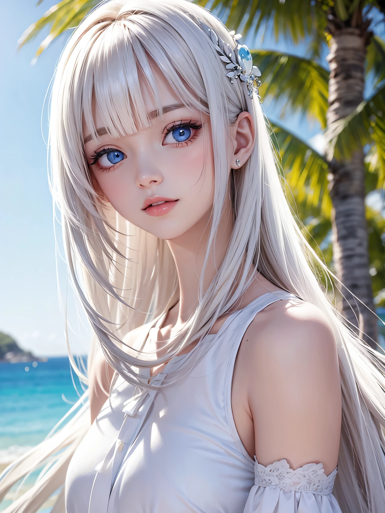 Beautiful white radiant skin, unparalleled beauty, bright, fresh and gentle expression, perfect beautiful cute face, shiny platinum blonde silk super long straight hair, beautiful shiny bangs, very beautiful and beautiful girl, eyeliner, very perfect and beautiful, big clear sky blue eyes, very beautiful bright eye highlights, ((1girl, solo)), side face