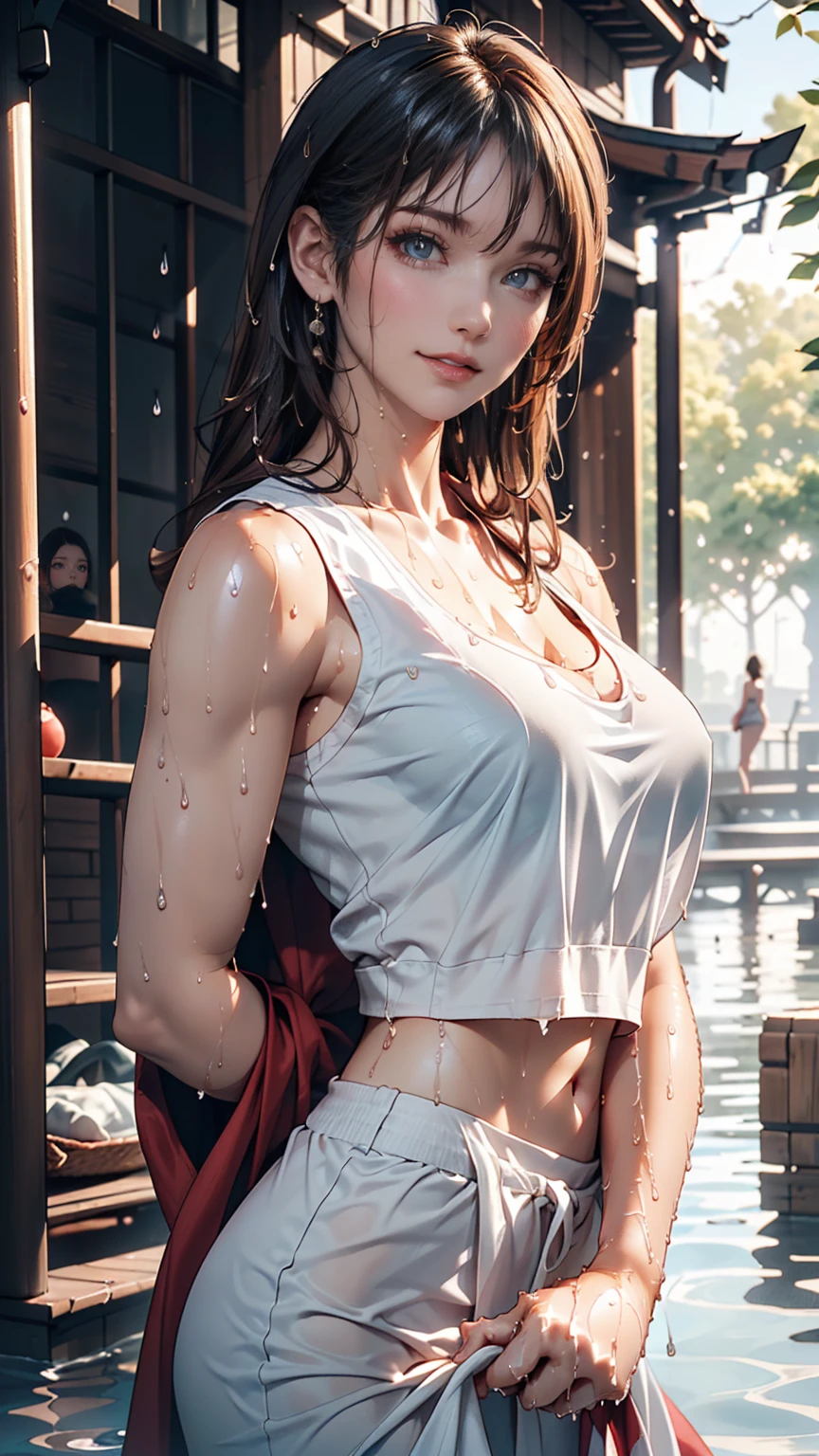 masterpiece:1.2、(top-quality)、Realism、(Live action photos、intricate detailes、depth of fields)、(1girl in、soght skinned、Delicate、Lee Ji-eun IU、Lip separation、high details、face perfect、(Colossal tits、big breasts thin waist、poneyTail、(A girl playing volleyball、White Volleyball Uniform、shortpants)、(perspiring:1)、(Wet)、((Gymnasium))、(((Only the chest is naked)))