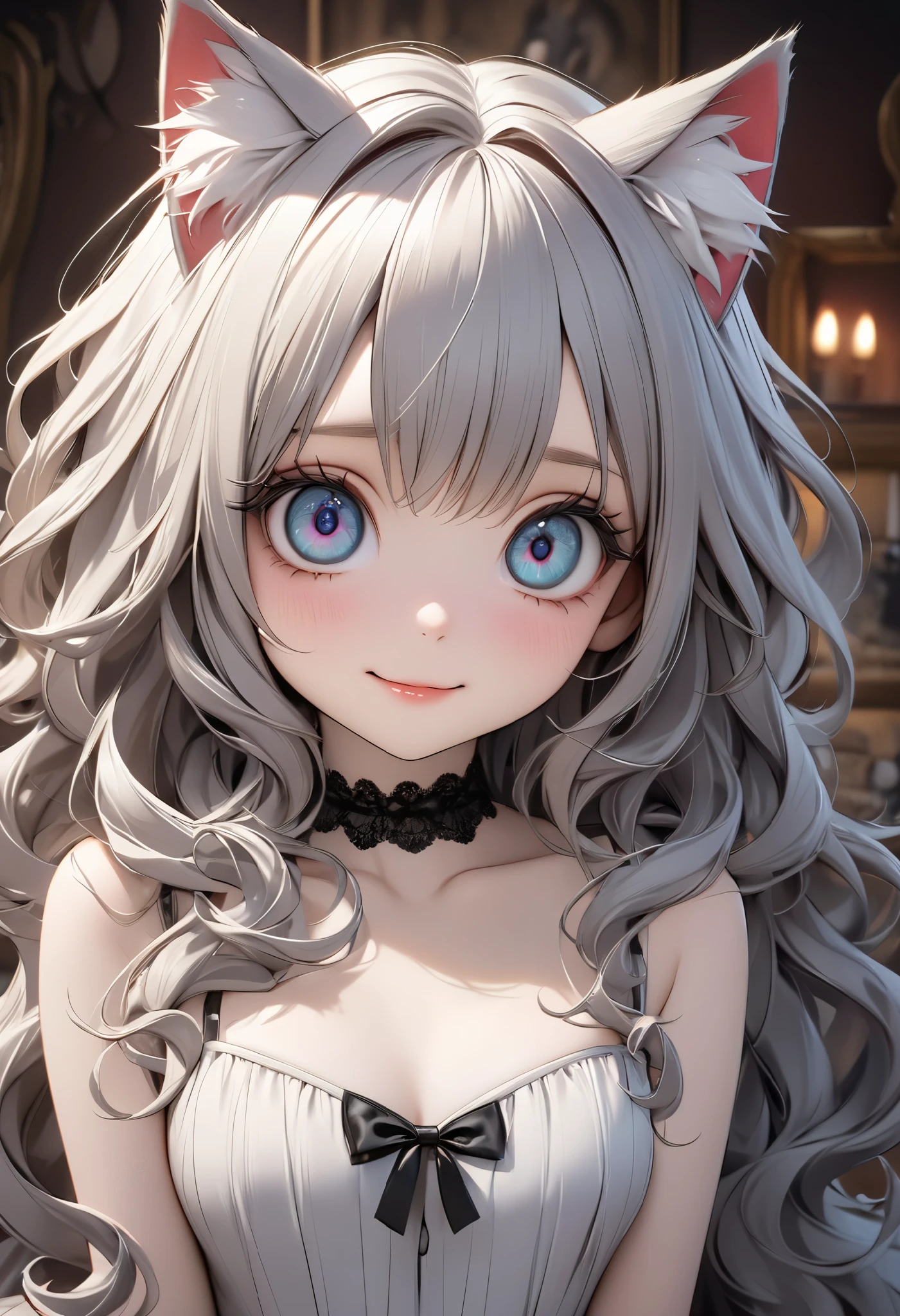 Top quality, highest quality, super detailed, high definition, high resolution, HDR, 4k, 8k, unity 8k wallpaper, highly detailed CG, masterpiece, realistic, photorealistic, 2D, 3D, beautiful details, depth, fine textures , super fine: 1.3, fully concentrated, crispy skin, .berak, very cute anime girl with long silver hair in high , smile, one girl, solo, long silver hair, high , beast ears, looking at the viewer, blushing, cat ears, parted lips, hearts, pink eyes