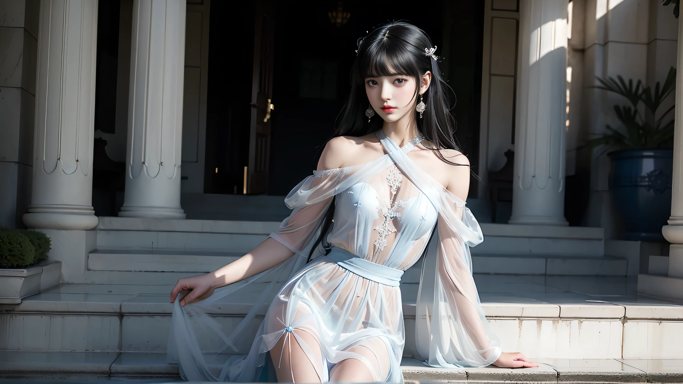 A beautiful young princess with black hair and blue eyes., she is wearing her beautiful long white dress