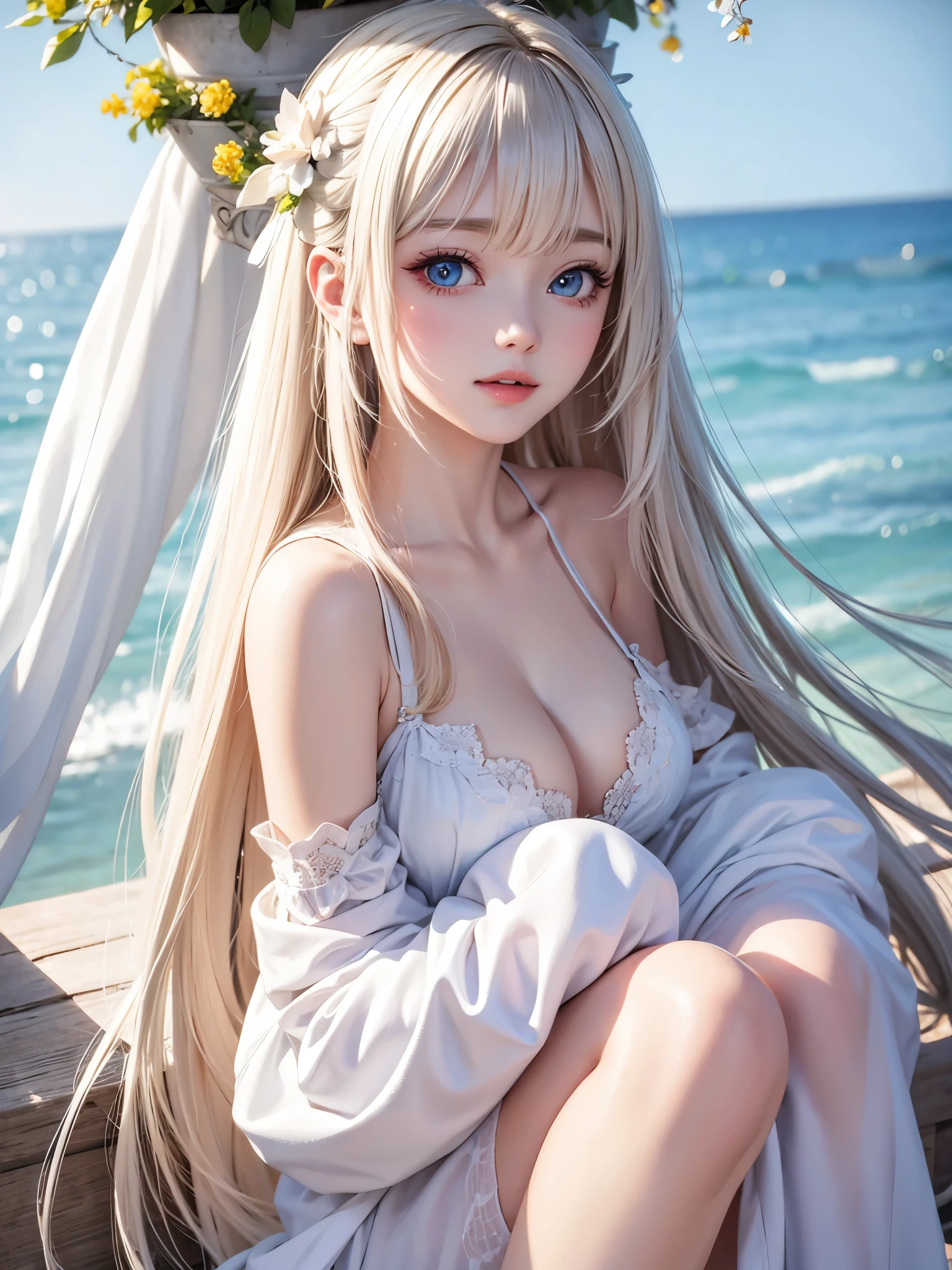 Beautiful white radiant skin, unparalleled beauty, bright, fresh and gentle expression, perfect beautiful cute face, shiny platinum blonde silk super long straight hair, beautiful shiny bangs, very beautiful and beautiful girl, eyeliner, very perfect and beautiful, big clear sky blue eyes, very beautiful bright eye highlights, ((1girl, solo)), side face