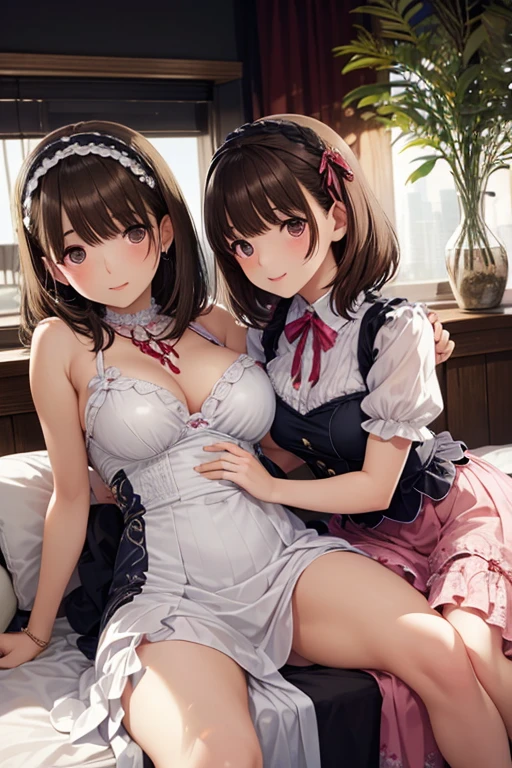 (2 young girls with long hair, Beautiful face and eyes and eyeliner,A delicate little face, pink eyes, Charming smile, (Maid cafe outfit with frilly, Sheer pleated mini skirt:1.5), Skirt turned inside out,(Transparent maid cafe costume with large open breasts and hollow:1.2), Sexy transparent underwear,Show belly button, Revealing sexy transparent white panties (very pretty girl), brown hair, Fashion hair accessories quality:1.4), (Extremely detailed),Pendants and earrings、 (Extremely detailed CG unified 8k wallpaper), Very detailed, High-resolution original color photos, Professional photography, Depth of Field, (Lying in bed)