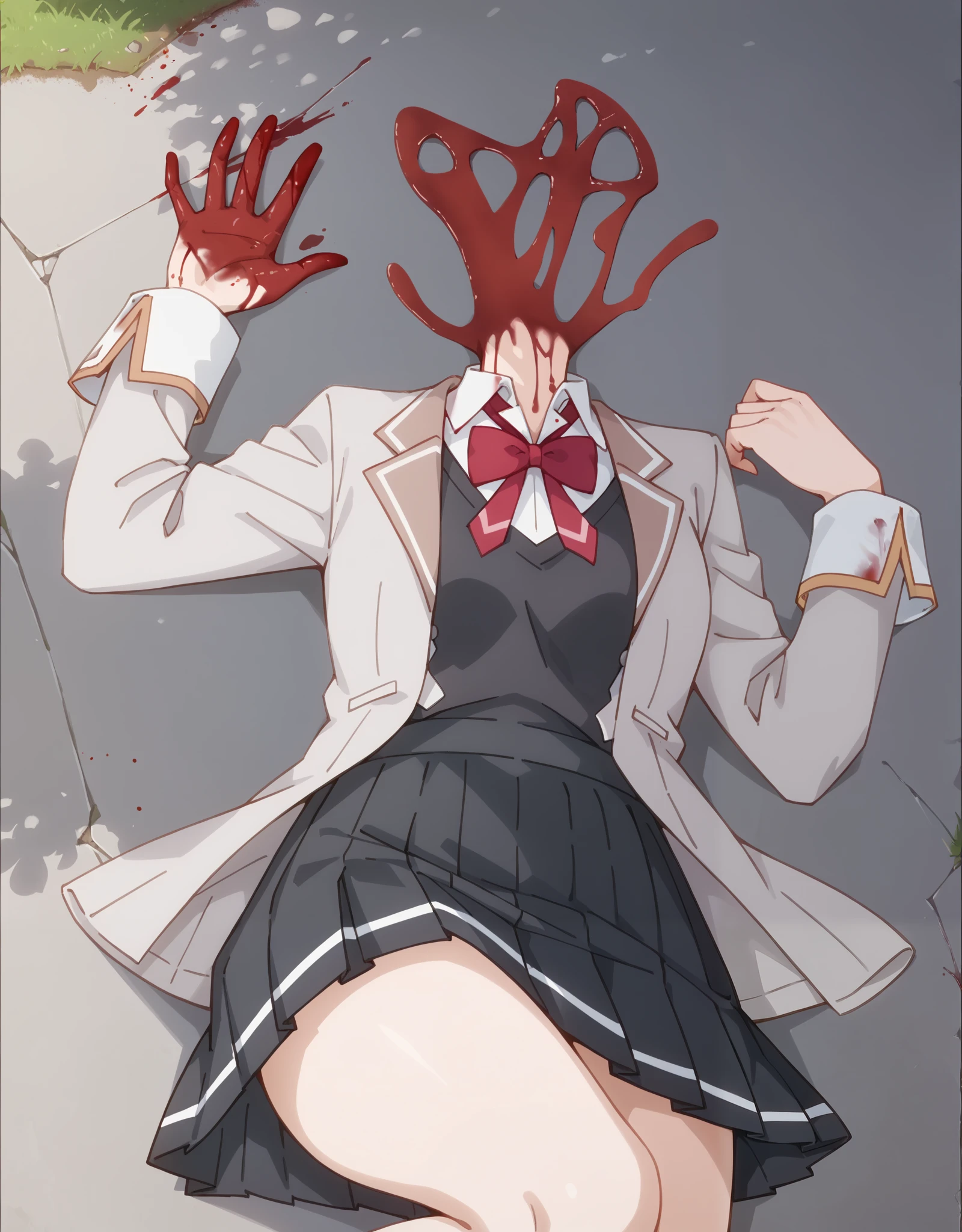 Masterpiece, hd, best quality, 1girl, gore, (gore:1.3), blood,(blood:1.2), a much of bloods, missing heads, expoode heads, broken heads, (missing heads:1.2), Yuki suou, school uniform, grey jacket, long sleeves, open jacket, buttons, white shirt, collared shirt, red bowtie, black sweater vest, black skirt, outdoor, smile, lying, lying on ground, broken anatomy, missing hands, broken hands