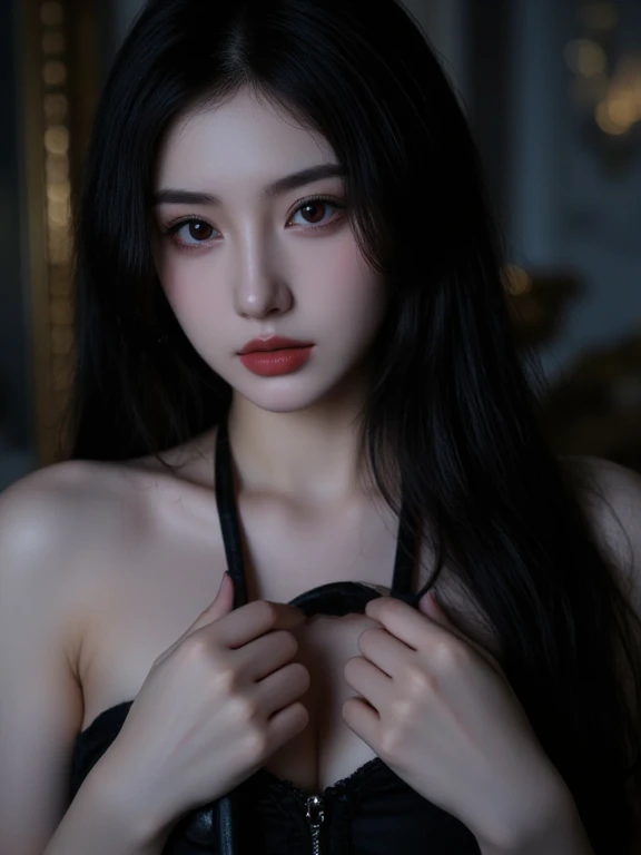 Black hair, sinister face, seductive, zoom to face, red eyes, one people, in room, sexy, natural face, big breasts, two bunches of hair