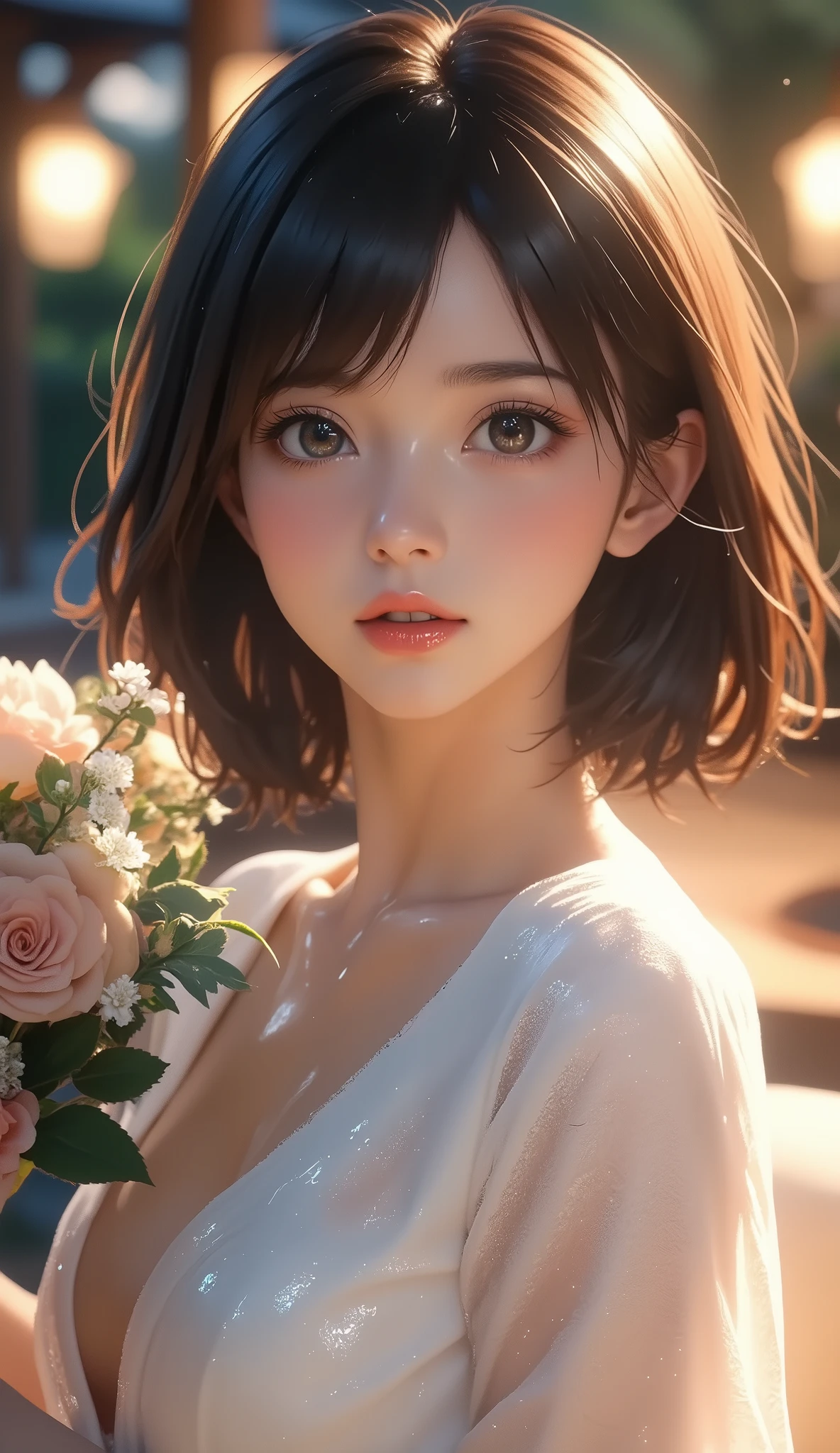 Masterpiece:1.2, best quality ), realistic, (live-action, intricate detail in wet water, fisheye lenses ), ( 1 girl, Alone), makeup , I tied my lips, detailed, perfect face , ( skidentation ), thighs, Wide Hips , constricted, is tall, Shiny Coral Lips ,, (Girl in wedding dress holding flowers in hand )), sexy, blanking, Mikasa from AOT