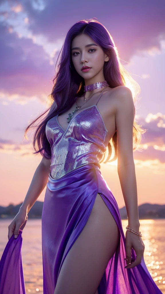 girl, located in the corner, looking at the sky, solo, Mona (Genshin Impact), choker, hair between eyes, star (symbol), long hair, dark purple hair, twintails, blue eyes, shining eyes, jewelry, witch, maid, bangs, purple black dress, purple skirt, white apron, landscape, night sky, star (sky), starry sky, night, outdoor, clouds, reflection, water, magic, tarot, water magic, ((beautiful golden crystal star)),  space, water droplets, splash