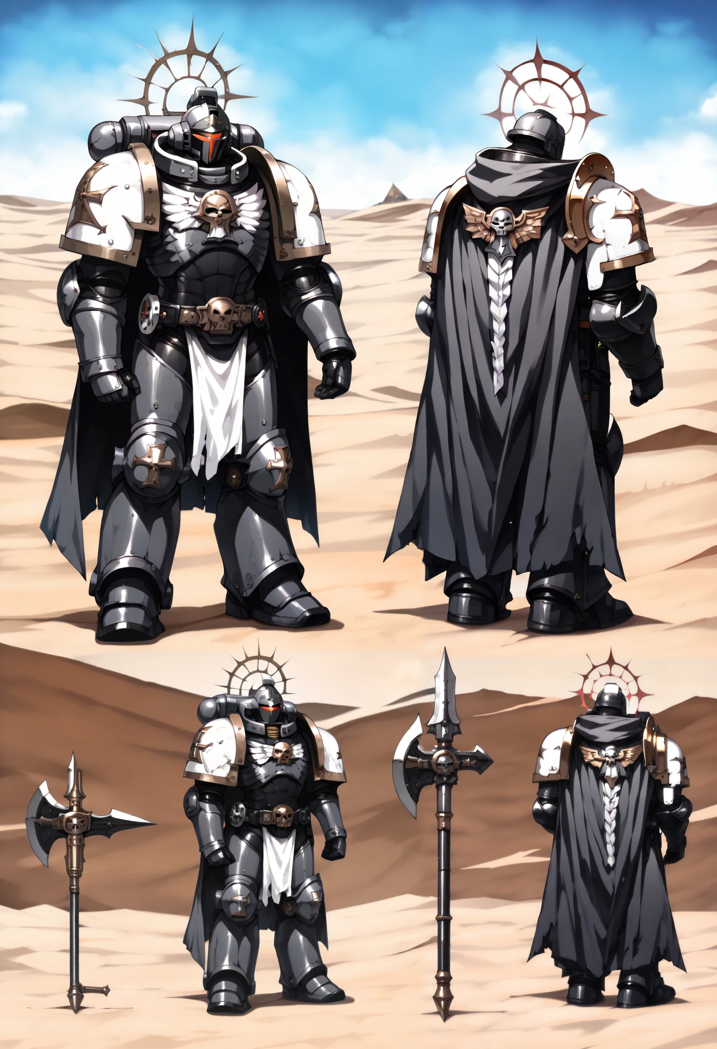 Illustration art, Absurd resolution, high resolution, (masterpiece: 1.4), hyper-detail, warhammer 40k, full body, glowing weapon, cloak, armor, trimmings, 1man, bulky, buff, plume, loin cloth, crusader helmet, reference sheet, iron halo, BlackT40k, full shot, Holding_Halberd_V1, power armor, Solo, standing in a desert, octosoup, oversize pauldrons,