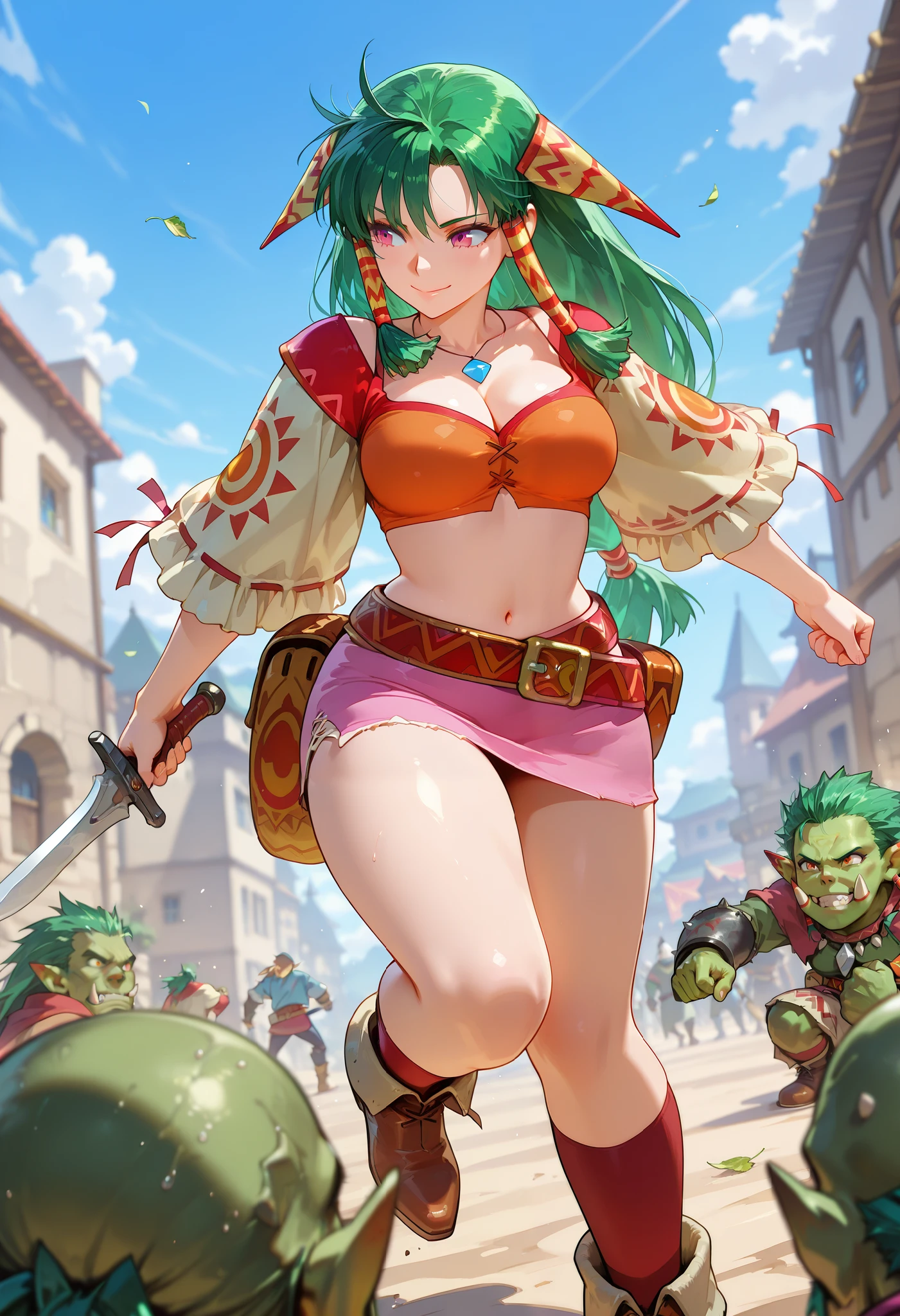 26 yo, face look alike to feena from \(Grandia\), Beautiful Mature young milf, eyesHD, high gradient eyes, detailed eyes, high definition eyes, (mature woman with lean perfection abdomen), sweet decissive expression - serious expression, confident soft smile, large natural breasts, Curvy body, (outdoor-holding a decorated gladius-knife with 1hand - ready to fight a pack of wolves in fantasy classic Grandia settings), battle stance, solo, 1girl, BREAK, She wears an orange bra top that leaves her abdomen exposed, paired with a small short pink skirt held up by a thin red belt. Covering her arms is a tan-colored shawl adorned patterns on both sleeves. Her long green hair flows down her back, with some sections tied through two patterned hair accessories. She completes her ensemble with ripped red socks that extend past her knees and brown shoes featuring tribal patterns similar to those on her belt and shawl, official arts, dynamic jrpg view, cinematic dynamic angles, fantastic fantasy vibrant background, fighting monsters, surrounded by monsters orc goblins,