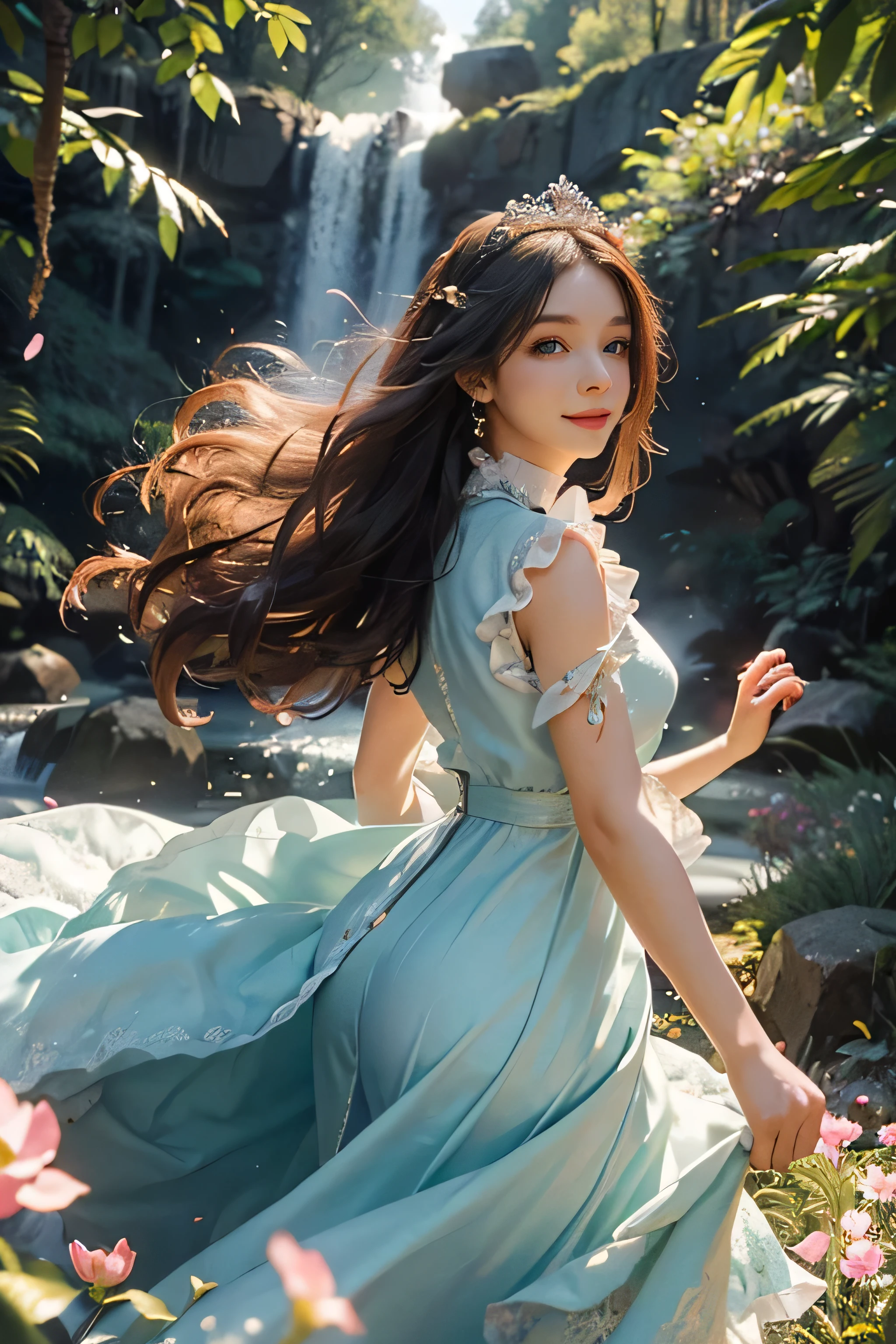 masterpiece,best quality, 1girl, solo, slight smile, slight smile, cherry, sunlight dapple, butterfly, grass animal ears,wolf ears,long hair, tail, wolf tail, red eyes, wolf girl,brown hair,,