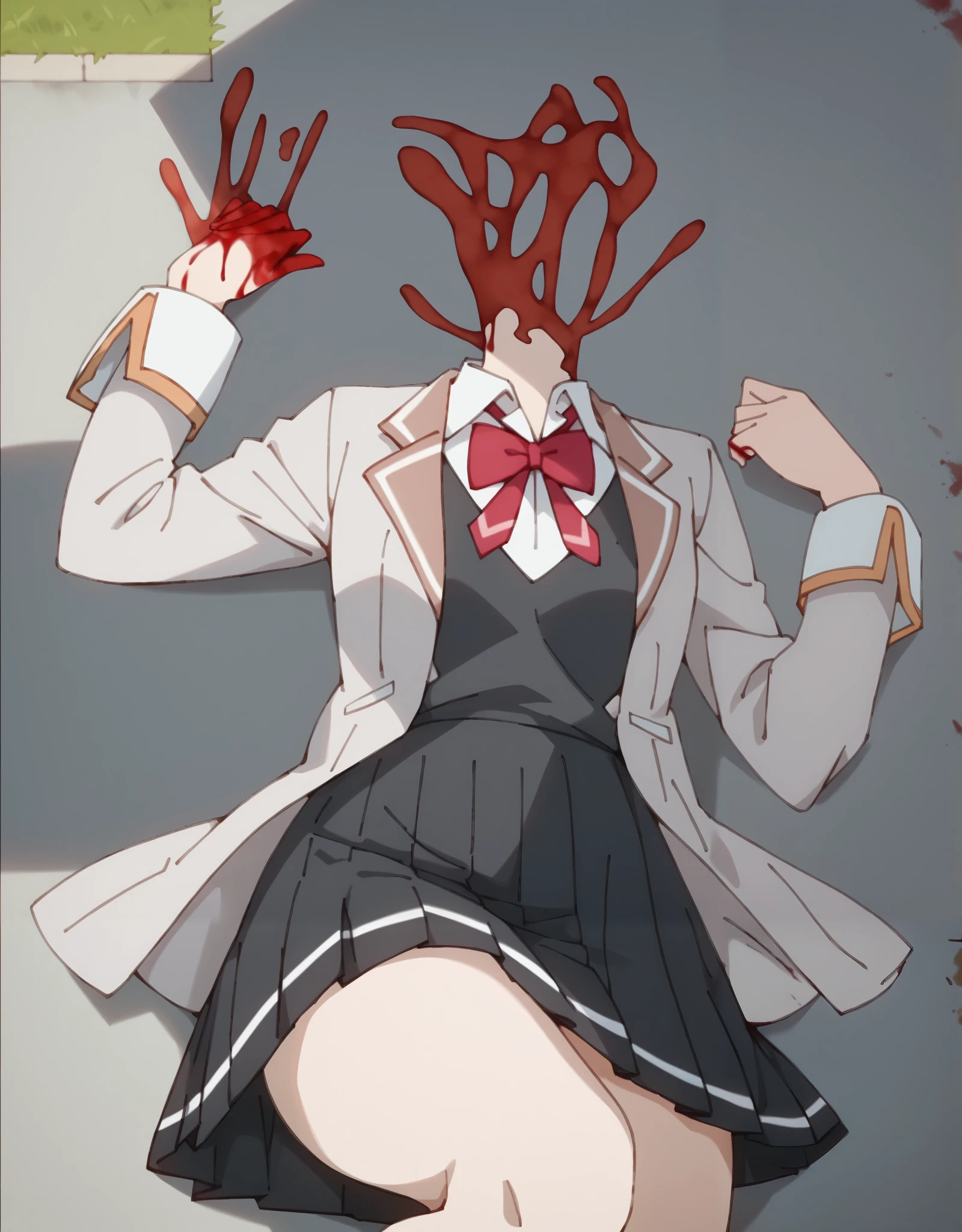 Masterpiece, hd, best quality, 1girl, gore, (gore:1.3), blood,(blood:1.2), a much of bloods, missing heads, expoode heads, broken heads, (missing heads:1.2), Yuki suou,  school uniform, grey jacket, long sleeves, open jacket, buttons, white shirt, collared shirt, red bowtie, black sweater vest, black skirt, outdoor,  smile, lying, lying on ground, broken anatomy, missing hands, broken hands