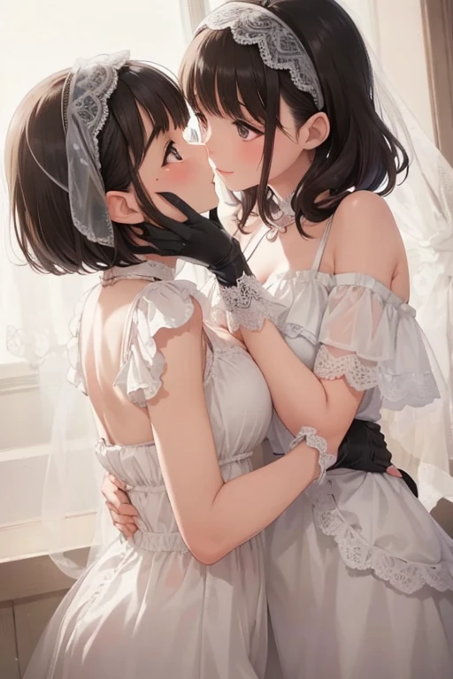 ((Highest quality))、((masterpiece))、(detailed)、((Anatomically correct))、(High resolution、8k)、Two Women、(kiss:1.3)、Two people looking at each other、cowboy shot、 (Beautiful Eyes:1.2)、Gothic Dress、Perfect lighting、