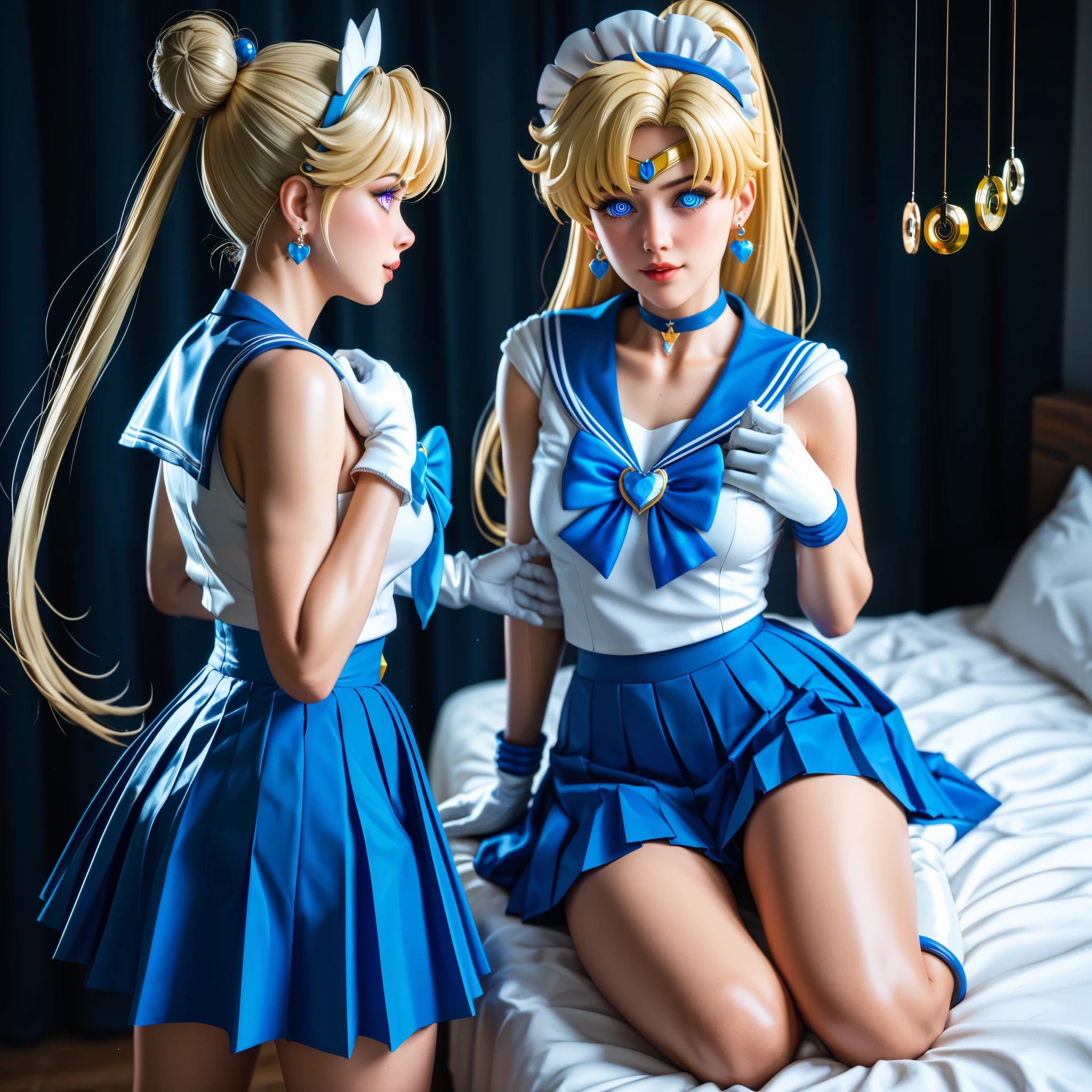 Beautiful 2 girl, full body shot, (blonde hair, straight blonde hair: 1.28), clear skin, (princess peach's face and hair), pale skin, medium breasts, cleavage, (thin hips, thin waist , athletic body: 1.25), (stockings), detailed skin, smile open mouth), black and silver and orange color scheme, highly detailed)), 8k textures, soft light, elegant, highly detailed, sharp focus, soothing tones, hyperdetailed, low contrast, hdr, faded, bed, ((sailor venus outfit, long gloves, jewelry, make-up, glowing red eyes, smile, open mouth, pleated skirt, Bosque, leotard, pleated skirt, bow on chest, knee high stockings))