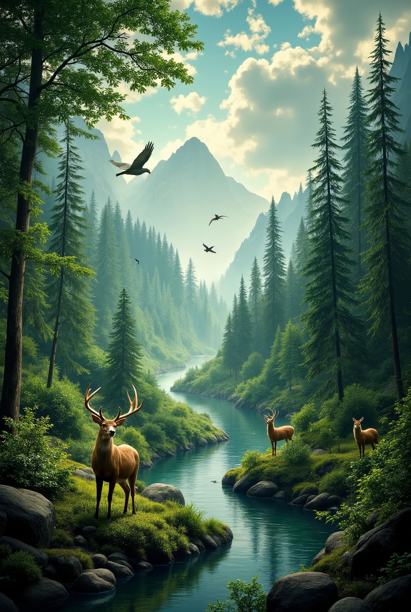  A beautiful picture with a great view of the forests and the flowing river where animals run and birds fly, a huge scope of what is happening with a beautiful mystical style , main,  masterpiece, 8 k,  Best quality,  complicated details,  Lots of Details ,  excellent quality , wallpaper, beautiful ,