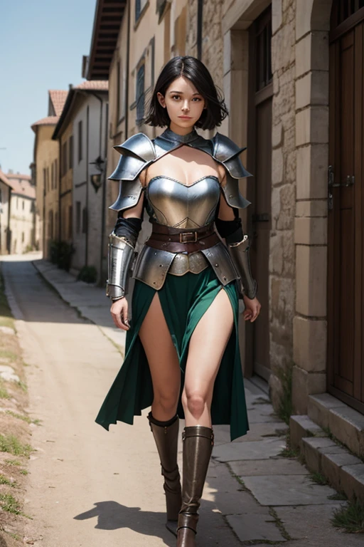 A beautiful female, slim body, wearing a medieval archer armor. She has black short hair and green eyes. Walking toward the viewer on a medieval town looking at the viewer.