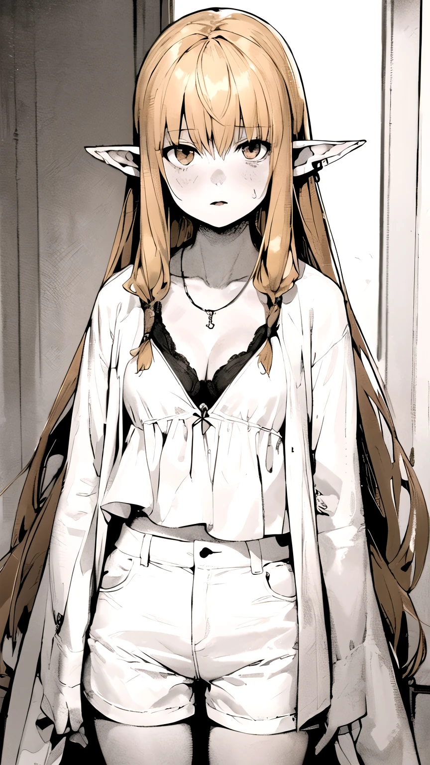 ((masterpiece,best quality)), {DATE_artstyle_LoRA : Manga_Style} {horror_edit} {horror_edit : creepy_room_aura} {partially_monochrome} { (Serie, very long hair,blonde hair,hair tubes,pointy ears,sidelocks,bangs,brown eyes, cute, perfectly_small_shape_breast : perfectly_slender_body ; petite} { collarbone,white robe,cleavage,white shirt,jewelry,necklace,small breasts,long sleeves,sleeves past fingers,white shorts,short shorts,anklet,barefoot } {standing} { no_emotion : hypnotic_eyes : hypnotized_eyes : lazy_eyes} { sweating } { : dark }