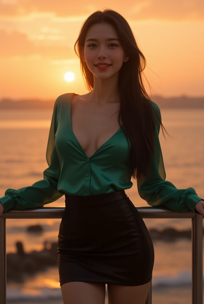 Half-length glamour portrait, nikon D850, f1.6 lens, 200mm, DSLR, 22 Megapixels, (((Rooftop terrace at sunset scene))), shot of a stunning 19 years old korean girl, (smile:1.4), (wearing Green strappy jumpsuit with leather belt:1.6), ((seductive pose)), hot girl, (((big natural breasts))), (((black fringe hair))), (small girl), symmetrical face, photorealistic, photography, (bright natural lighting), gorgeous, deep cleavage, (masterpiece), best quality, high resolution, extremely detailed, cinematic lighting, (((very narrow waist))), rich colors, hyper realistic, lifelike texture, ((jewelry)), (((She has beautiful hands and wears rings))), (bracelet), (necklace), (ankle chain), (nail polish) (earrings), Fuji Superia 200, 8k