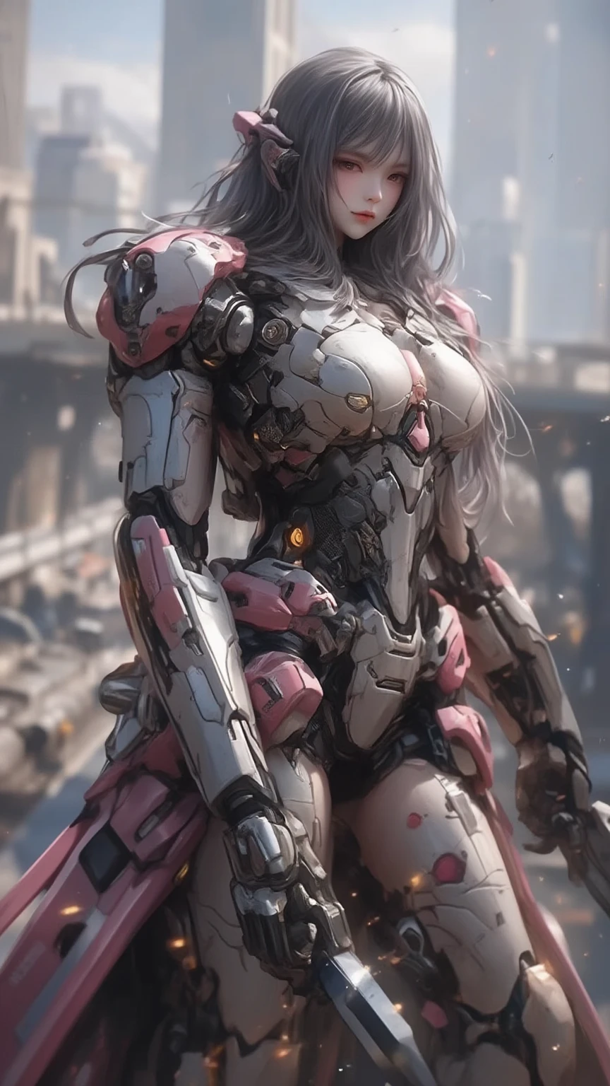 masterpiece，（best quality）Giant Cyberpunk Female Mechanical Titan，Breasts equipped with giant exoskeleton mechanical structural modules，Ruins of dilapidated underground city on cloudy day and night，end of the world