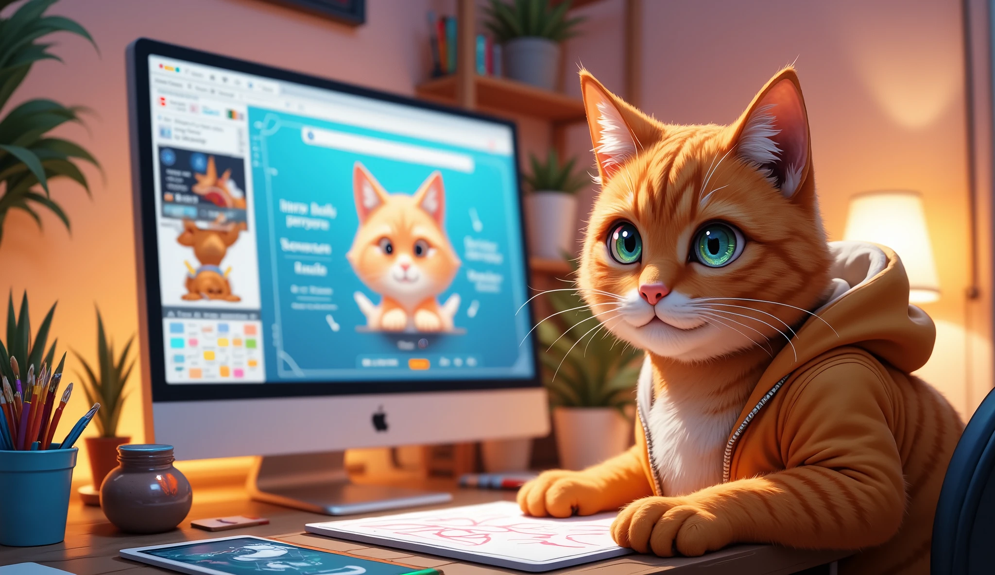 A visually stunning digital illustration of an orange cat dressed as a Tech Enthusiast in a creative workspace featuring a computer screen displaying an AI image generator interface. The scene includes artistic tools such as a sketchbook, colorful paints, and a digital tablet. The background is bright and modern, with a cozy aesthetic, filled with warm lighting from a desk lamp. The focus is on creativity and technology blending seamlessly, highlighting the AI tools for creating art. Bright and detailed, with a futuristic yet easy-to-understand feel. The Orange Cat character is facing the camera in a clever pose, Close up camera shoot
