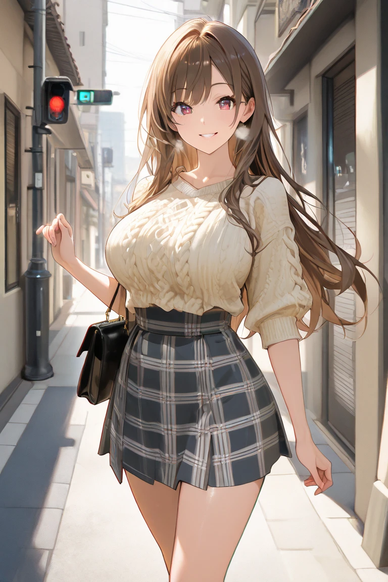 Game , goddess of victory nikke, Rapi , light brown hair, alluring eyes ,beautiful face , crystal red eyes , long hair , women long sleeve crop top, undone button shirt, blue colour shirt, grey colour solid ribbed knit pencil skirt ,selfie wind, 1 hand bag, cheerful eyes, ,g cup breast, slender waist, bewitching thighs, five fingers each hand, two hand ,two leg , in town, date, standing, beautiful, high heels, daylight, recreation park,