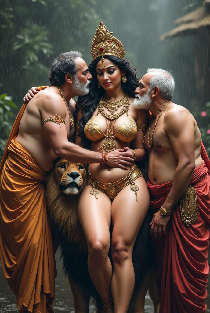 Four aged muslim men hugging and kissing durga maa wearing sexy transpat micro bikini, thick thighs big big hips , showing naked thighs and buttock. She is wearing sindur and carrying trisul and sitting on a lion. Lord brahma , lord vishnu and lord mahesh are watching this from behind and she is screeming due to pain and pleasure while lion is also licking her thighs. Its raining and everyone is fully wet and almost naked. She is fully horny snd desparate to get fucked