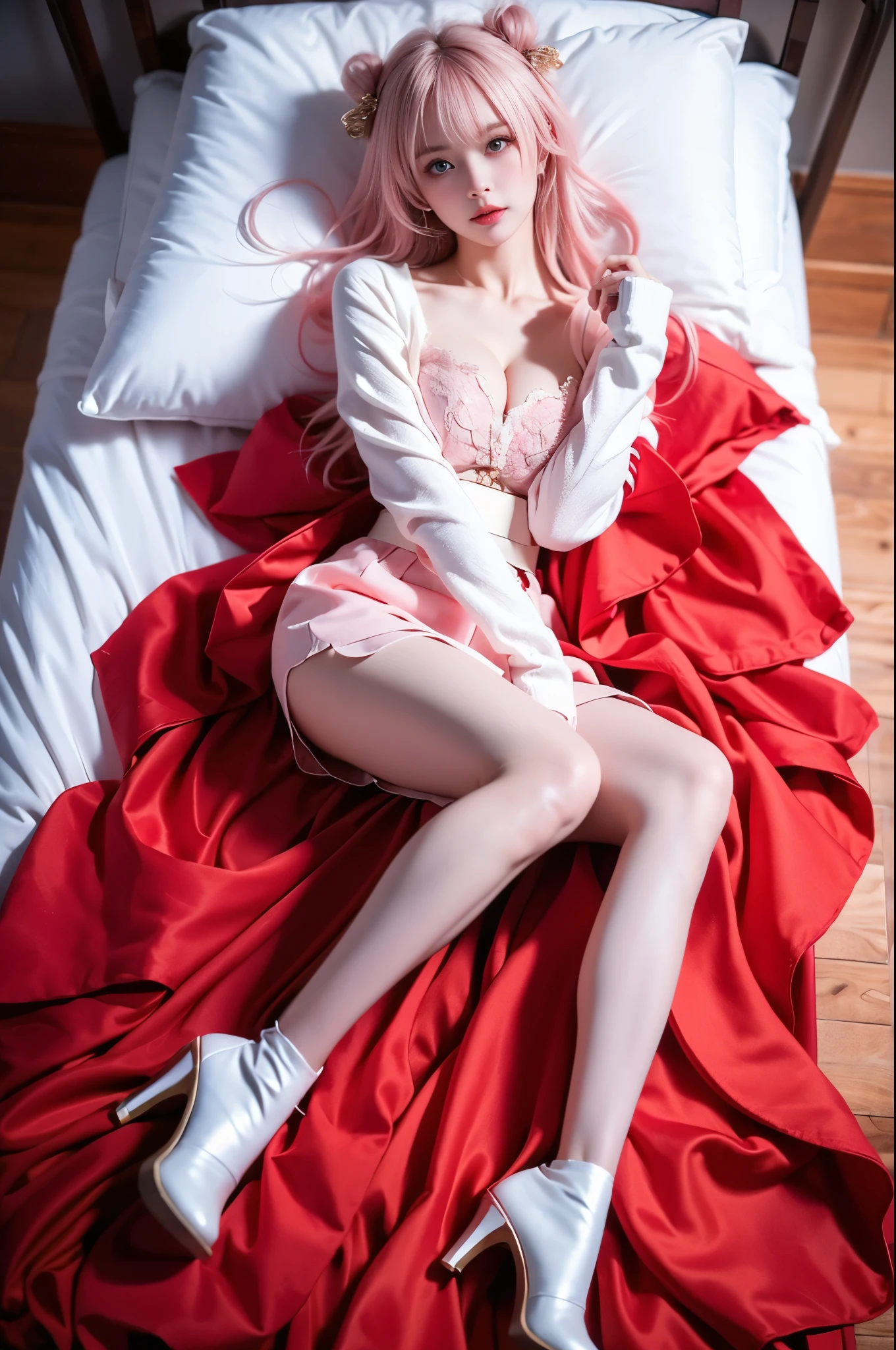 (1girl as sakura:1.5), pink hair, messy hair, chinese clothes, dress, (red dress:1.2), short skirt, thick thighs, medium breasts, 1boy, , spread legs, lying on back, (on a church floor, missonary pov,  (anally penetrated:1.1), ahegao, rolling eyes