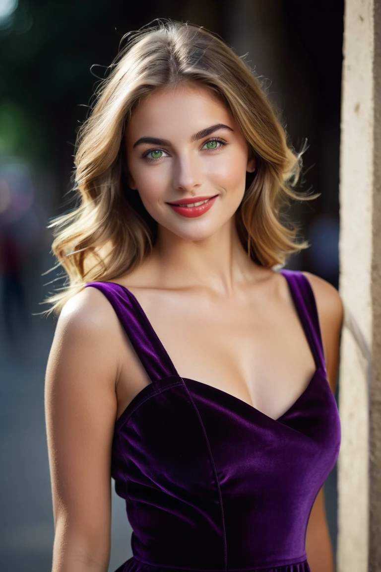 (realistic,photorealistic,photo-realistic:1.37),highly detailed russian girl, aubergine strapless top and aubergine mini skirt, smiling,gorgeous british 18year woman,beautiful detailed eyes,beautiful detailed lips,realism style,dynamic pose,full body,8k quality,depth field,wavy long silver hair,professional portrait lighting,vivid colors,ultra-sharp focus,soft natural lighting,sophisticated expression,breathtaking composition,subtle background,highres,nighttime, pub background