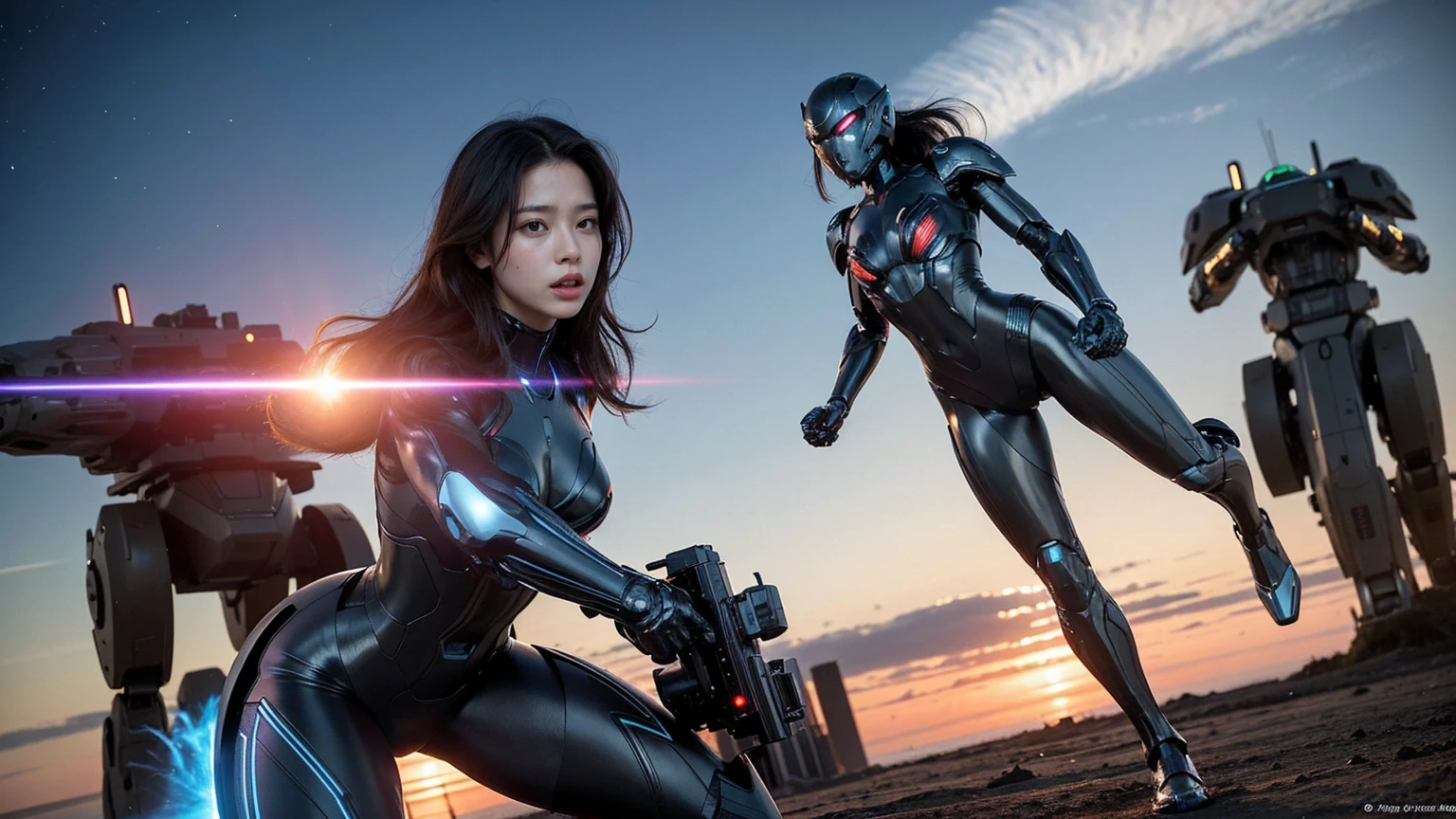 masutepiece、超A high resolution、Powerful images、8K、2 men and women、Upper body view、A super futuristic city on a grand scale、Future landscape in 2530、mutant male robot soldier、Female warrior wearing a cyborg bodysuit、walk side by side towards the camera、Wearing metal armor、Ready for battle with gun、