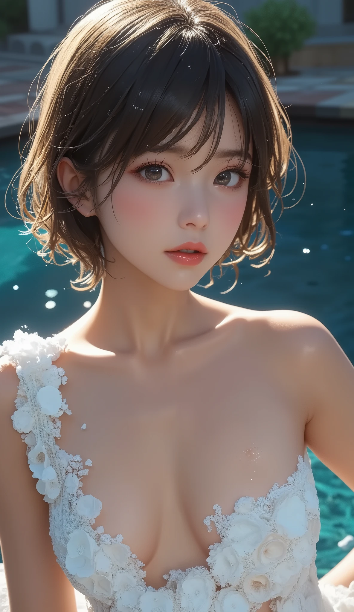 masterpiece、Highest quality、High resolution、Tabletop、wallpaper、Realistic、Bright lighting、Professional Lighting、Face Light、Smooth lighting、Japanese women、Adult、Beautiful woman、action、gravure、sexy、so beautiful、Beautiful Skin、Beautiful and exquisite、Detailed face、slim、moderately、short hair、Brunette colored hair、Brown eyes、Looking into the camera、(Completely naked)、Large Breasts、E Cup、Tropical Beach、anger、(Completely naked)、Browsing Caution