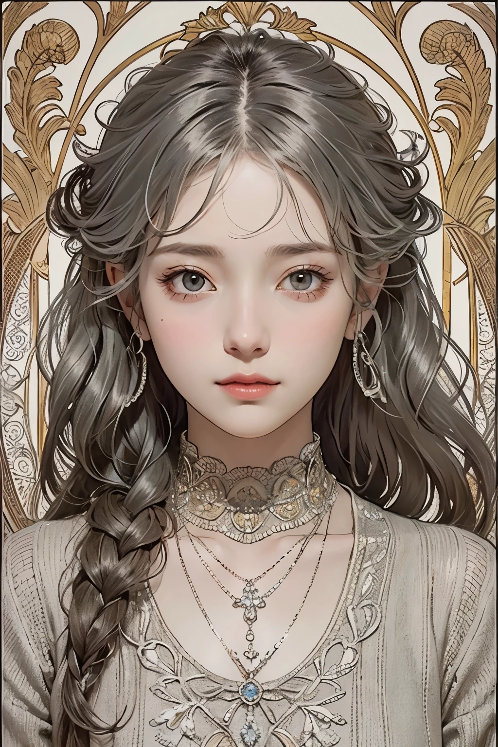 A simple but beautiful woman painted in oil, (dark colors), (old and faded colors, very dark image quality), a masterpiece of mixed media, (medium length silver-grey hair in almost straight loose curls), focus on face, (close-up), serene expression, lustrous skin, glossy lips, (simple rustic country style knitted sweater), (slim figure), small necklace, fine details, intricate details, line drawing, winter garden, winter twilight, cold snow falling, small spring flowers, end of winter, beginning of spring, spring vibes, Art Nouveau frame, use of outlines, clean line drawing, decoration inspired by Art Nouveau, bright and strong primary colors used as accents, (Alphonse Mucha composition style), (low resolution image quality),
