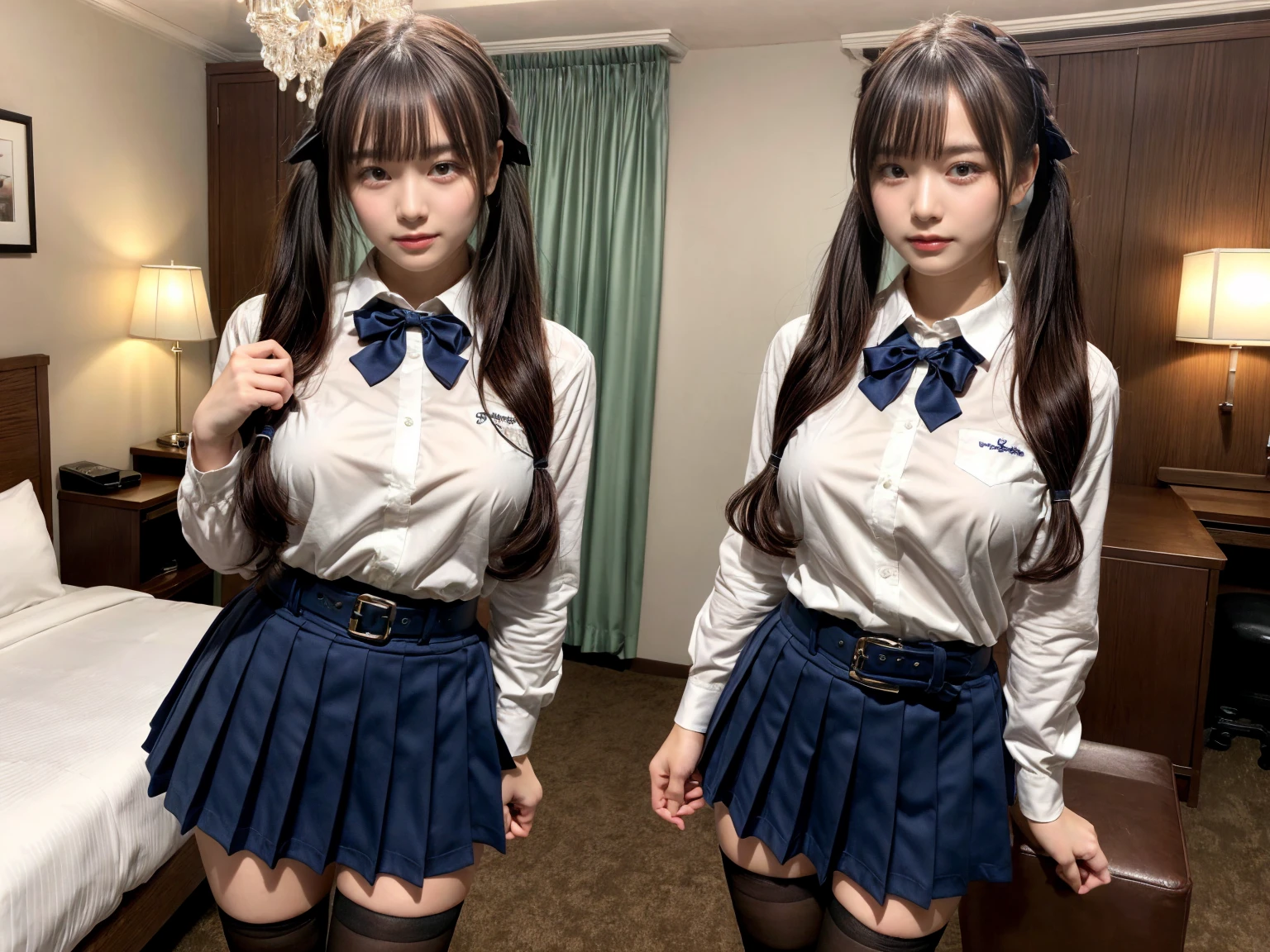 (scene; (Two women:1.8)), Gal, (Two high school girls), (Shopping mall, Shopping Street, street, Outdoor), (Full body portrait, Photograph the whole body, Are standing, Doing sexy poses), (Tall, Thin thighs, Elongated arms and legs, Small waist, Small hips), ((Highly detailed skin), Beautiful realistic face, White skin, Pointed Chest, Perfect Anatomy, Realistic eyes, Natural Eyes, Brown eyes, Accurate eye focus, Accurate limbs), (Hyper Realist, Ultra-realistic, 4K, Attention to detail, Ultra-high resolution, Highest quality, masterpiece, Presence, dynamic, Uplifting, bold, Sharpness), (Big Breasts:1.5), (Cleavage:1.5), (Blonde long hair:1.5, loose wavy long hair:1.5, Loose curly hair:1.5), (sleek bangs), (Twin tail hair), ((White collared shirt, Navy pleated mini skirt, Navy colored socks, Black loafers, Ribbon tie)), High school girl in uniform, Surreal high school girl, tall, High school girls in uniform, smile, Cleavageを強調, (Are standingTwo high school girls:1.8),