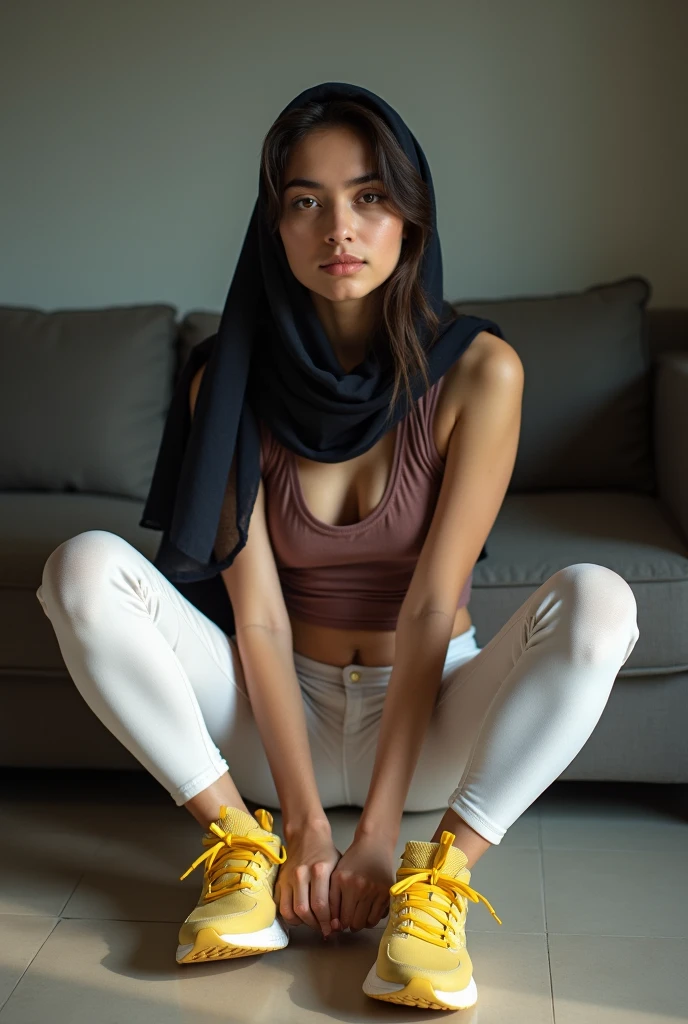 jilabab woman,lying down,wearing a tank top, tight leggings, sneakers,protruding chest