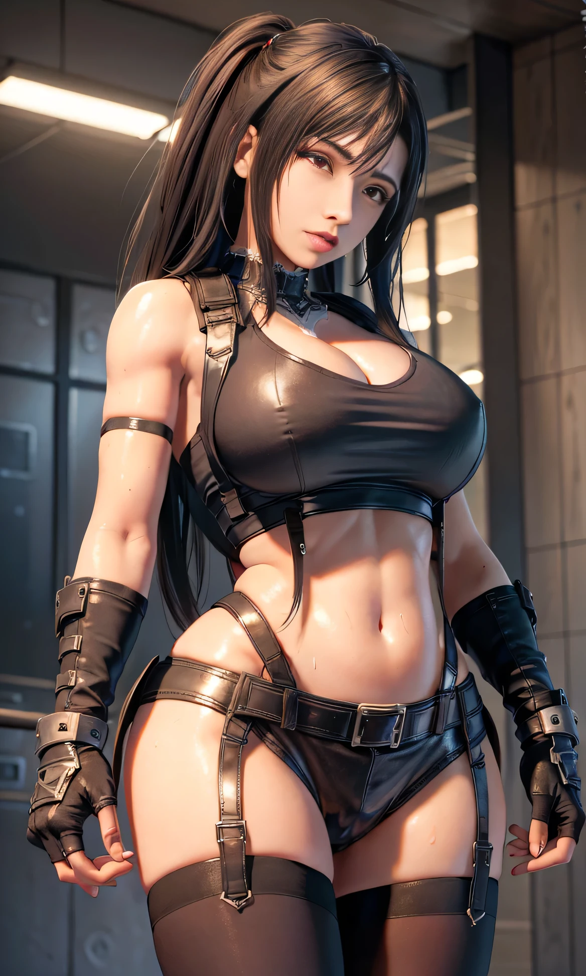 Tifa Lockhart, sexy woman in lingerie posing in a dark room with a red wall, 8 k sensual lighting, sexy pose, full body cgsociety, stunning cgsociety, cgsociety 8k, cgsociety 8k, cgsociety 8 k, elegant cinematic pose, seductive cyberpunk dark fantasy, sensual dancing