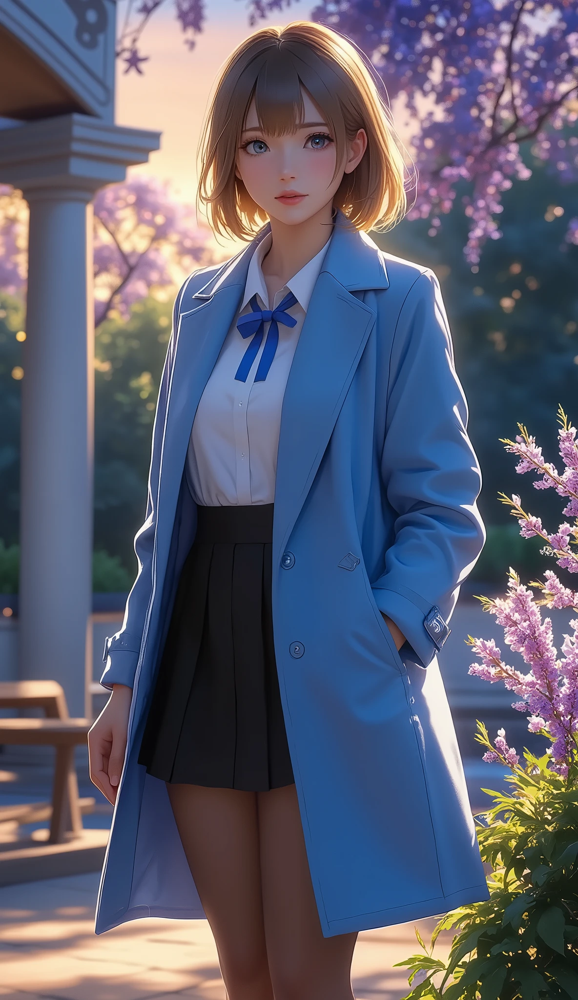 best quality , Masterpiece,, illustration, wallpaper, 1 girl, Alone, school uniform, white shirt, Black Skirt, Light Hair, semi-long hair in string pants, A beautiful detailed girl in a blue trench coat , highly detailed eyes and face , beautiful detailed eyes, shy, nature_illumination, Shine,nsfw, clean null, viewers, outdoor, night null, star (null), loafers , black pantyhose , blue ribbon, straight hair, Purple petals, Purple and blue flowers, red eyes, ponytail, Blue Ribbon,Gray Hair, thick_ thighs, , Red Eyes in the Shadow of a Pillar,