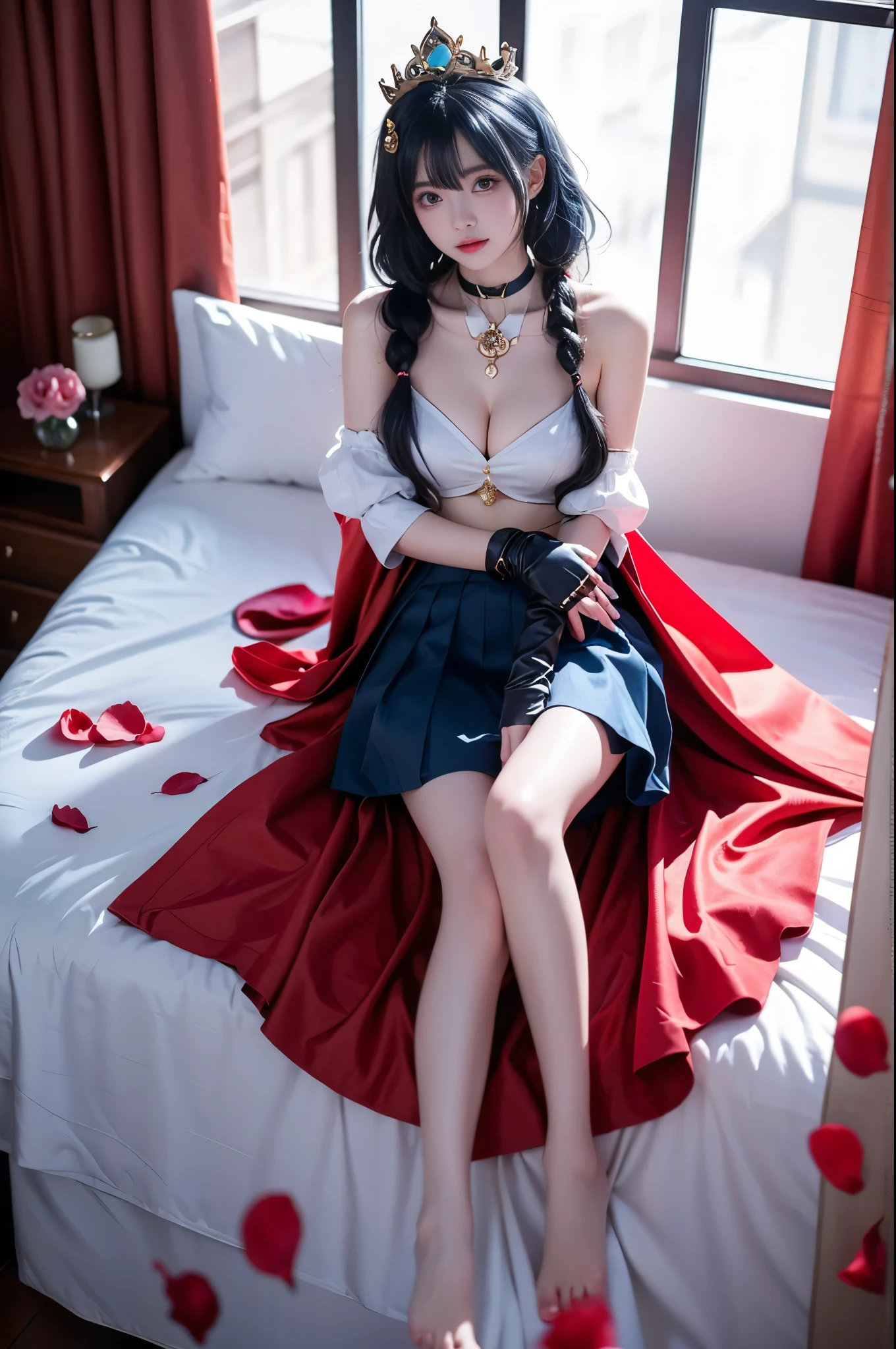 Beautiful Japanese 18 year old woman, wearing snow white cosplay, blue silk corset, red silk cape, yellow silk pleated skater skirt, white leggings, black bob hair, red hairband, large breasts, masterpiece, photorealistic, amazing detailed face,